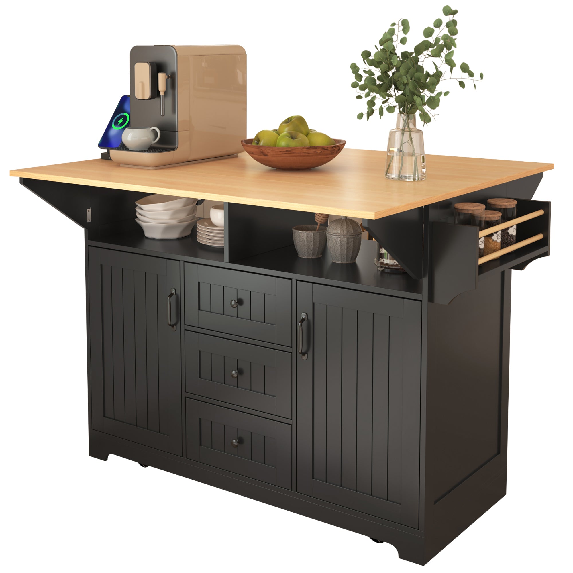 Front view of the black BRYNNA rolling kitchen island with expanded drop leaf countertop, open shelving, drawers, spice rack, and built in charging station for multifunctional kitchen use