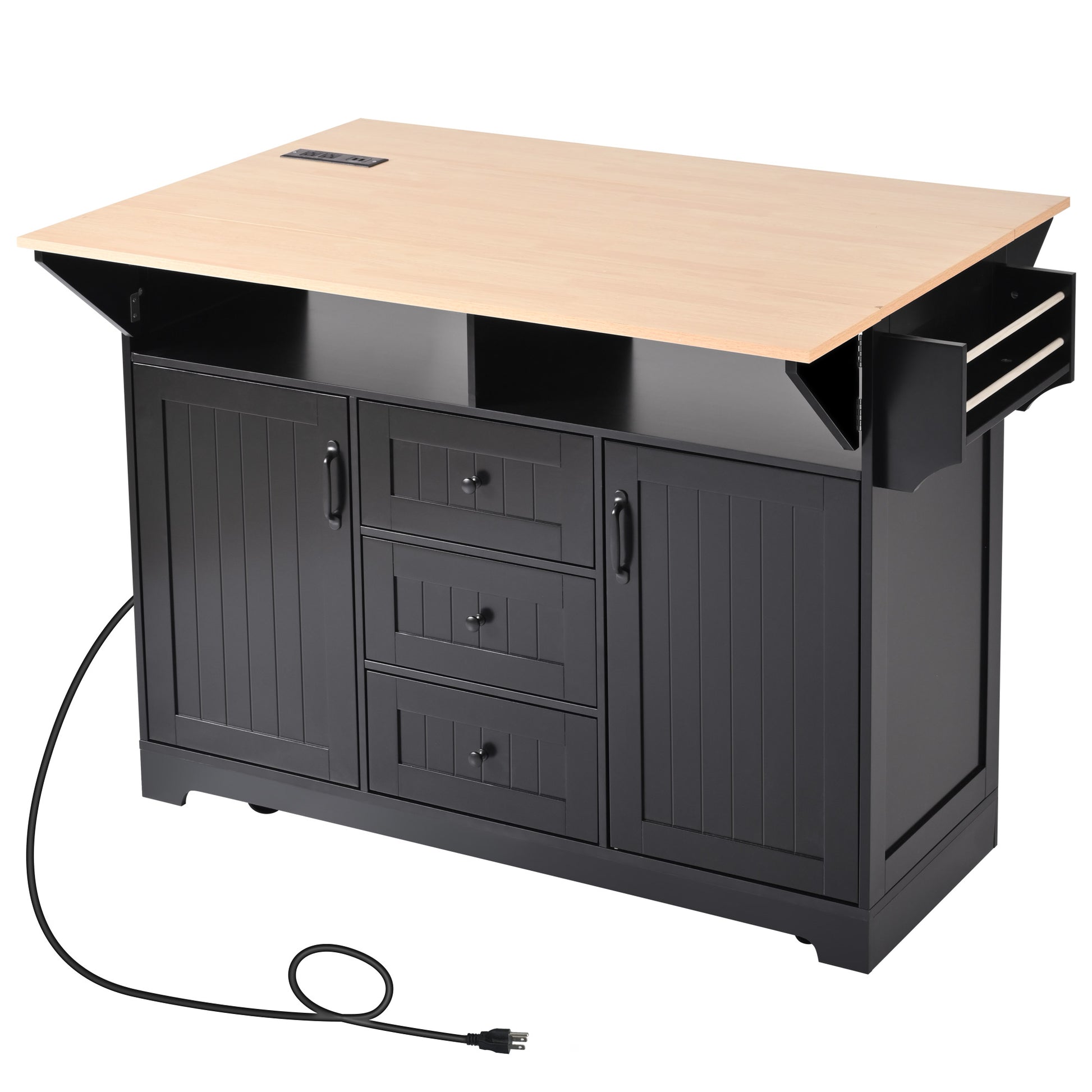 Full product view of the black BRYNNA rolling kitchen island with extended drop leaf countertop, built in power outlet, cabinet storage, drawers, spice rack, and caster wheels