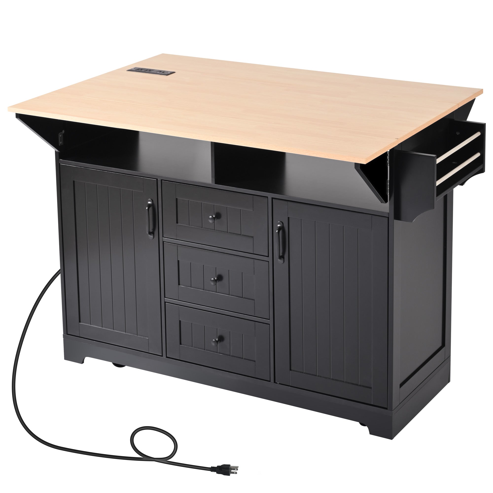 Full product view of the black BRYNNA rolling kitchen island with extended drop leaf countertop, built in power outlet, cabinet storage, drawers, spice rack, and caster wheels