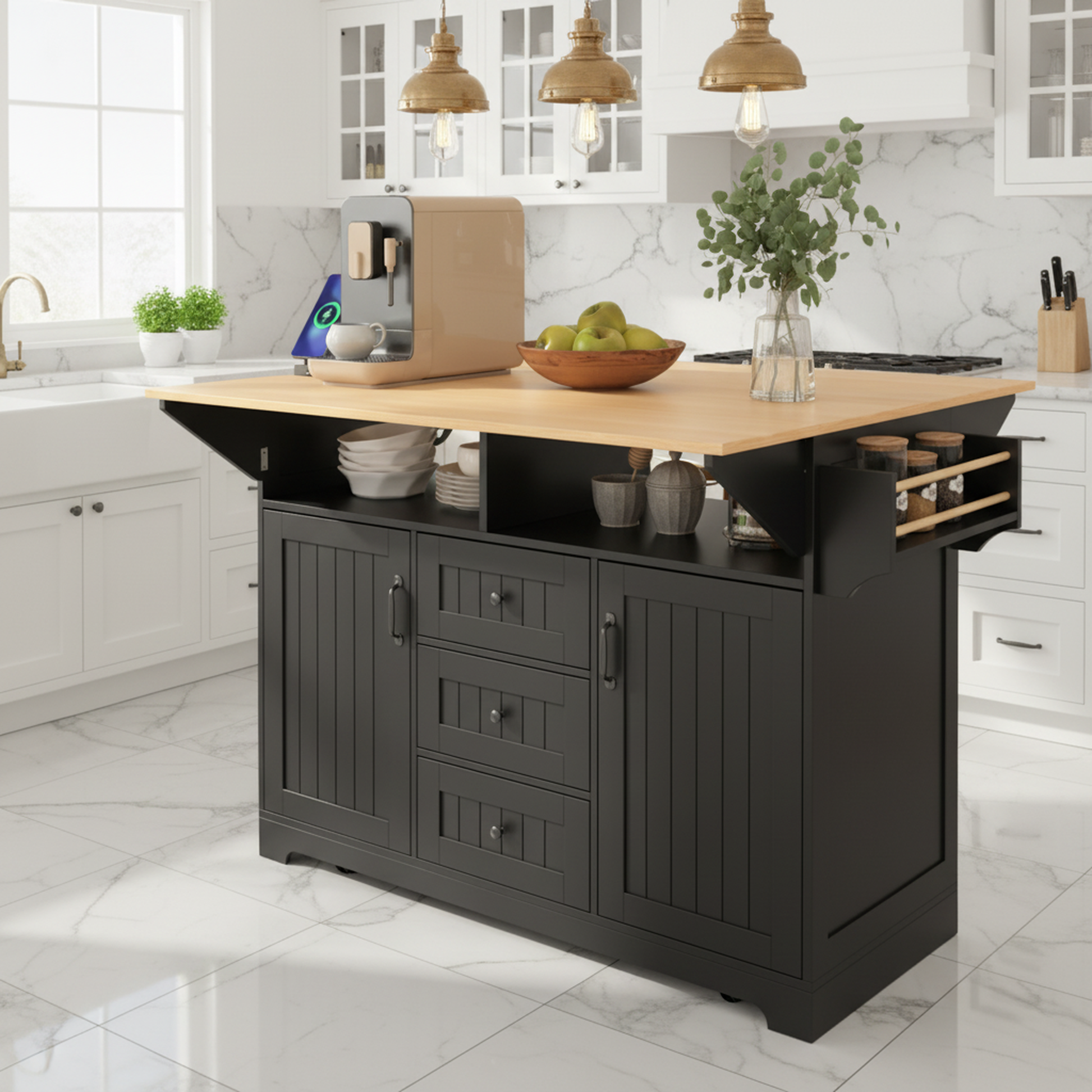 Lifestyle view of the black BRYNNA rolling kitchen island with expanded drop leaf countertop, farmhouse cabinet storage, drawers, spice rack, and open shelving in a bright modern kitchen