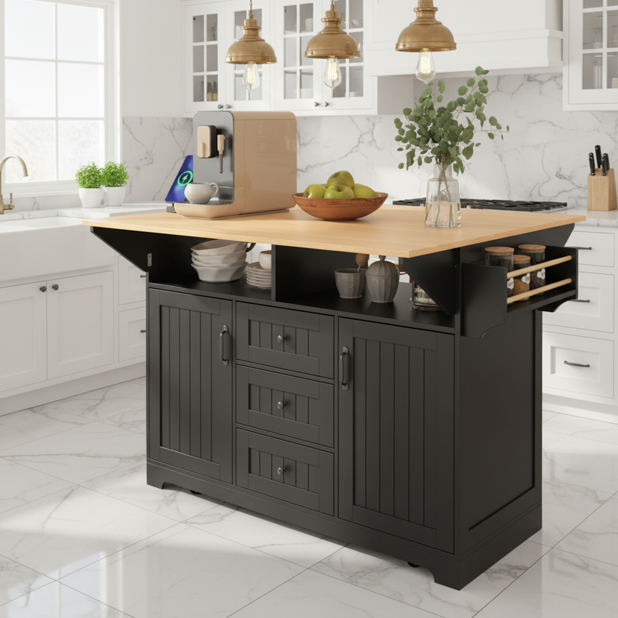Lifestyle view of the black BRYNNA rolling kitchen island with expanded drop leaf countertop, farmhouse cabinet storage, drawers, spice rack, and open shelving in a bright modern kitchen