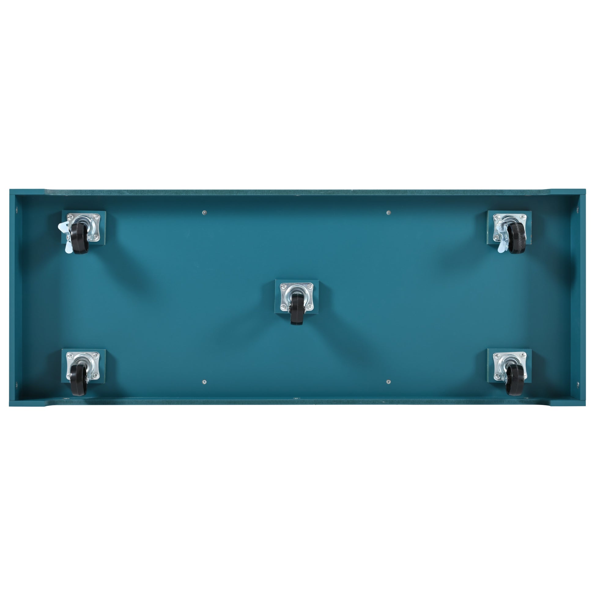 Bottom view of the green BRYNNA rolling kitchen island featuring five caster wheels with locking function for smooth mobility and stable kitchen positioning