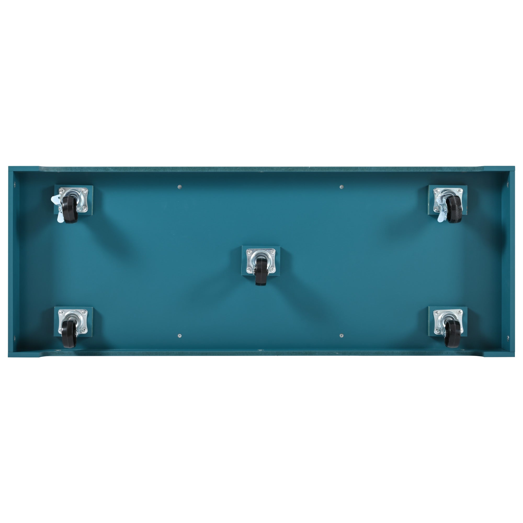 Bottom view of the green BRYNNA rolling kitchen island featuring five caster wheels with locking function for smooth mobility and stable kitchen positioning