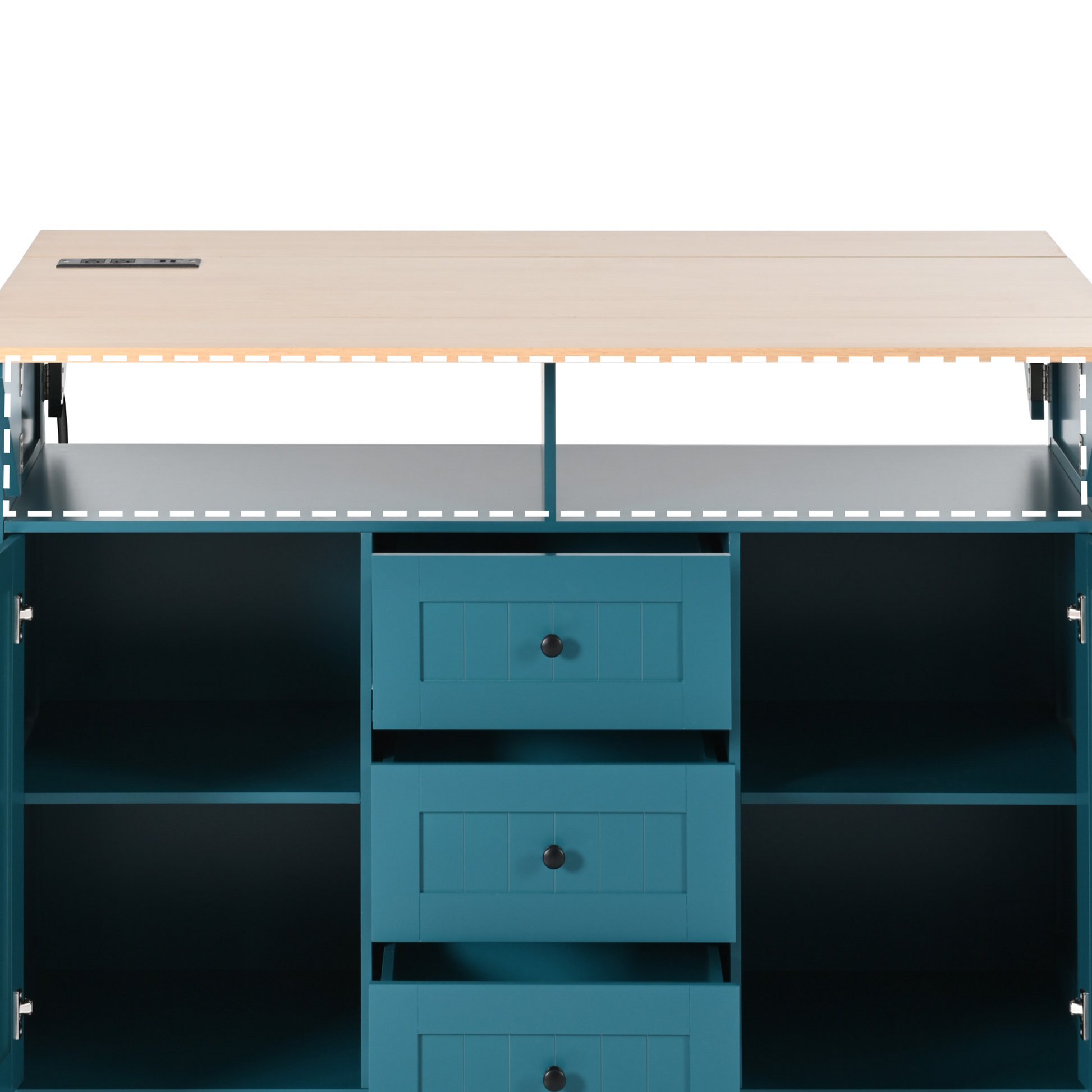 Front interior view of the green BRYNNA kitchen island highlighting open upper shelving, spacious cabinet compartments, and pull-out drawer storage with multifunctional organization design