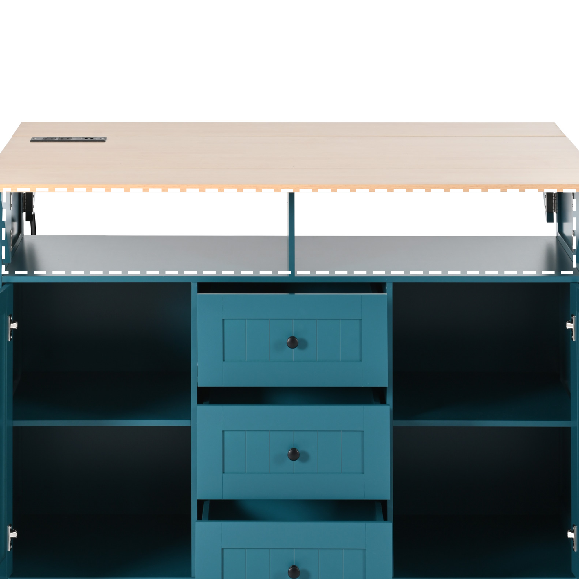 Front interior view of the green BRYNNA kitchen island highlighting open upper shelving, spacious cabinet compartments, and pull-out drawer storage with multifunctional organization design