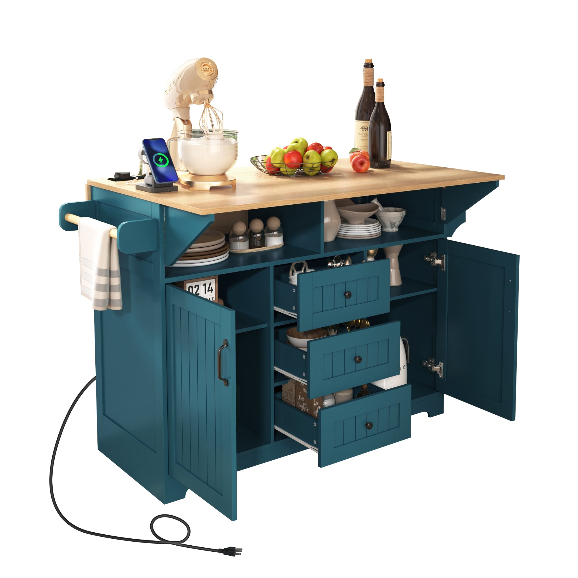 Angled open storage view of the green BRYNNA rolling kitchen island featuring pull-out drawers, cabinet compartments, towel bar, charging station, and multifunctional kitchen organization design