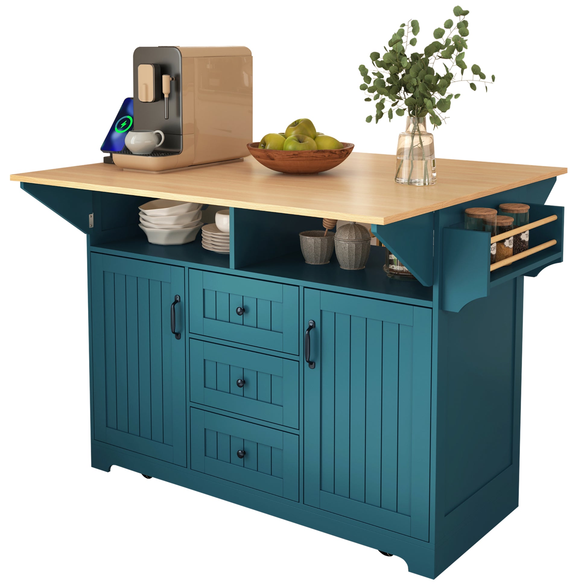 Front angled product view of the green BRYNNA rolling kitchen island with drop leaf countertop, open shelving, cabinet doors, drawers, and built-in side spice rack storage