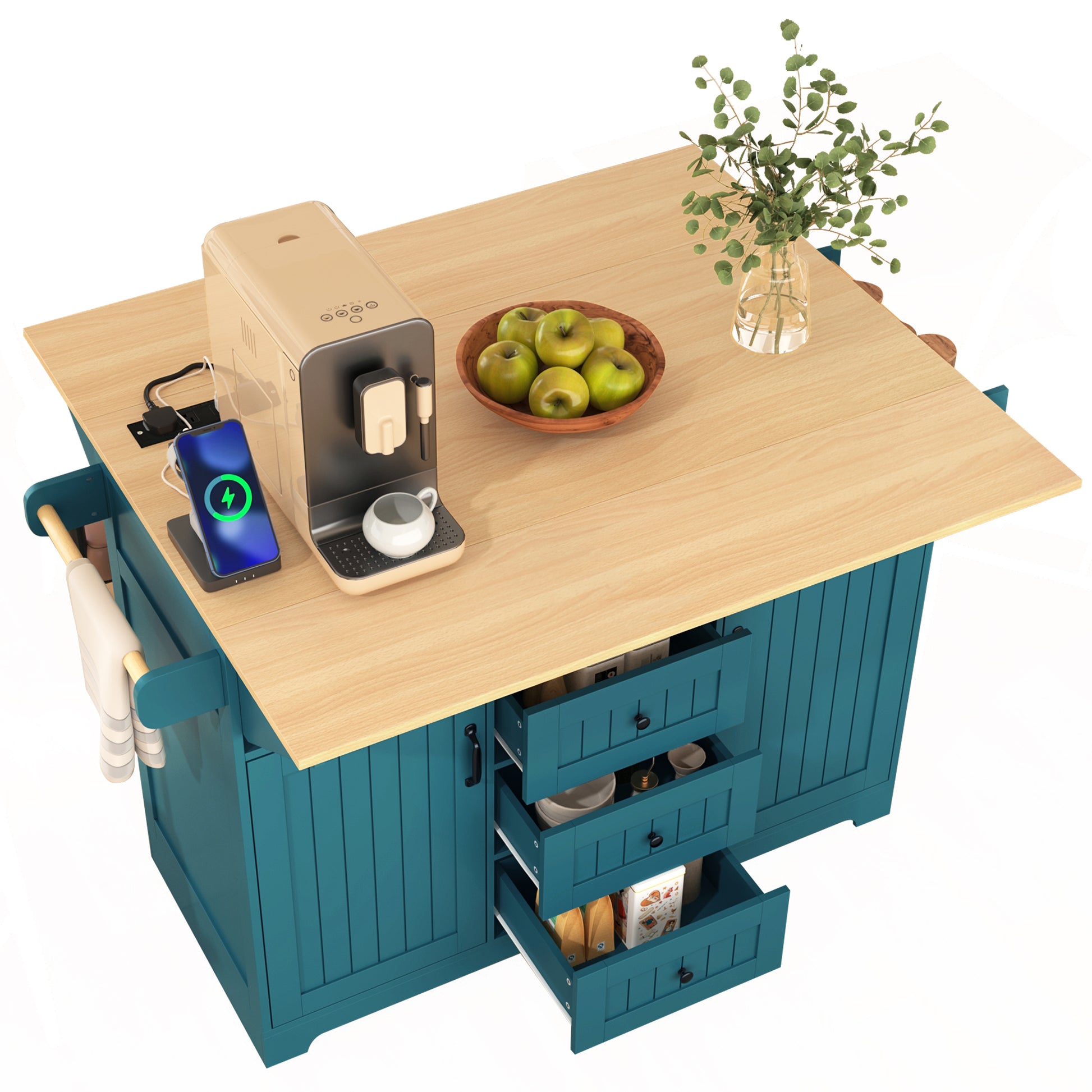Top angled view of the green BRYNNA rolling kitchen island featuring spacious woodgrain countertop, built-in charging station, towel bar, and open storage drawers for kitchen organization