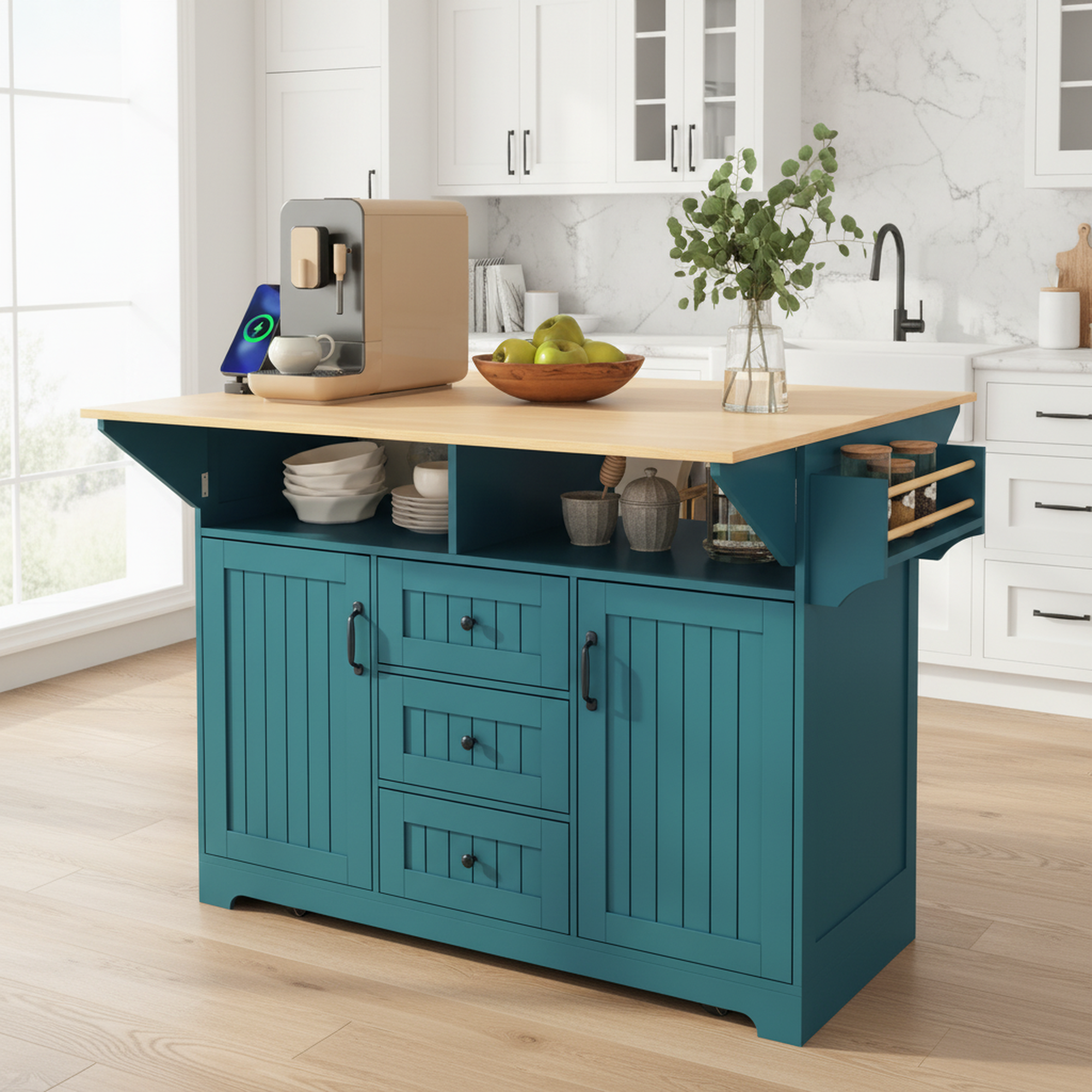Lifestyle view of the green BRYNNA rolling kitchen island with extended drop leaf countertop, open shelving, drawers, spice rack, and farmhouse inspired kitchen storage design