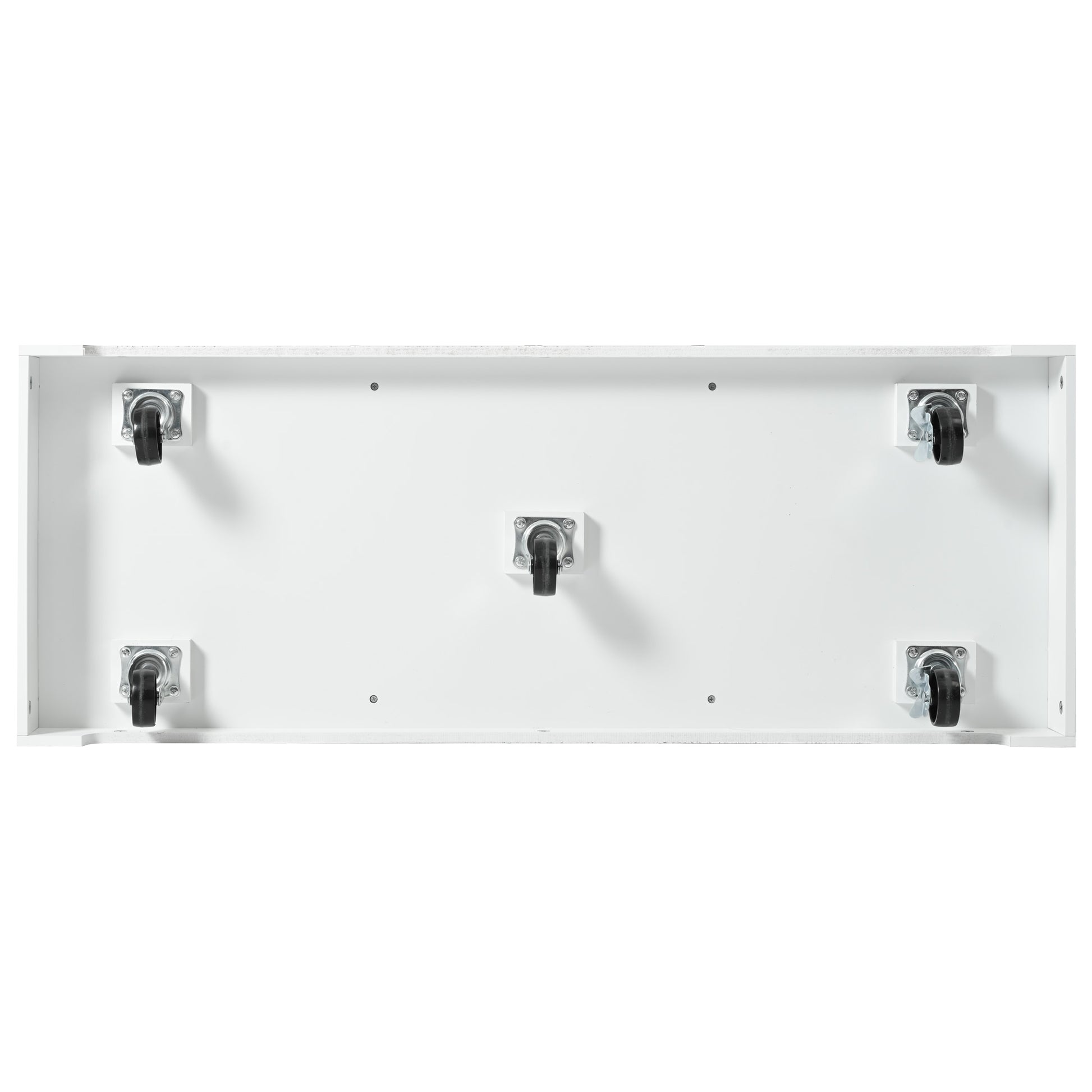 Bottom view of the white BRYNNA rolling kitchen island showing five caster wheels with lockable mobility support for stable and flexible kitchen movement