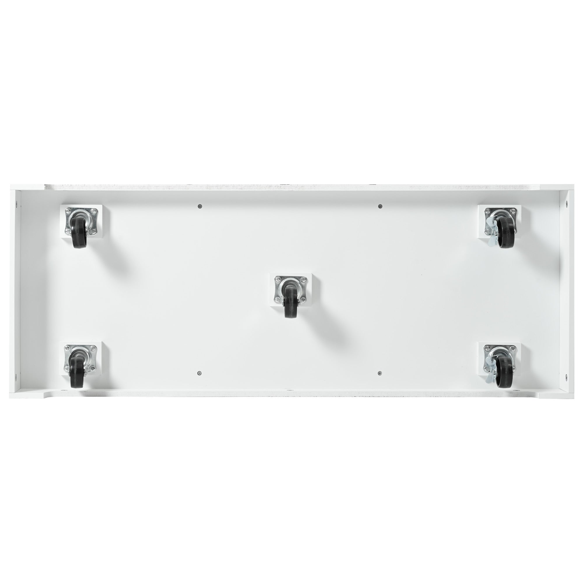 Bottom view of the white BRYNNA rolling kitchen island showing five caster wheels with lockable mobility support for stable and flexible kitchen movement