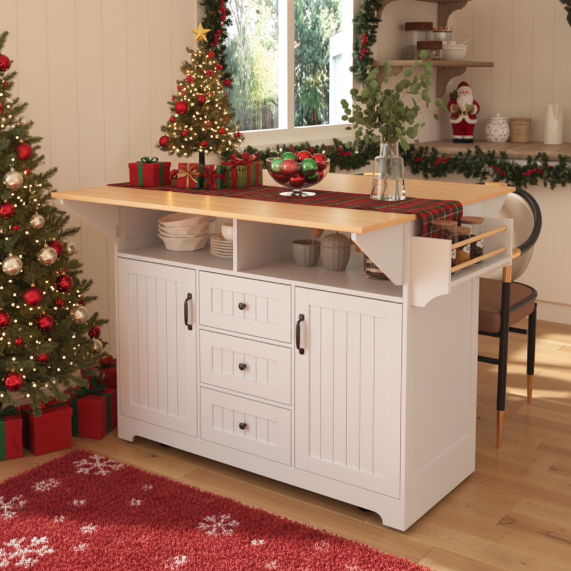 Christmas lifestyle image of the white BRYNNA rolling kitchen island with drop leaf countertop, farmhouse storage design, spice rack, and festive holiday kitchen décor scene