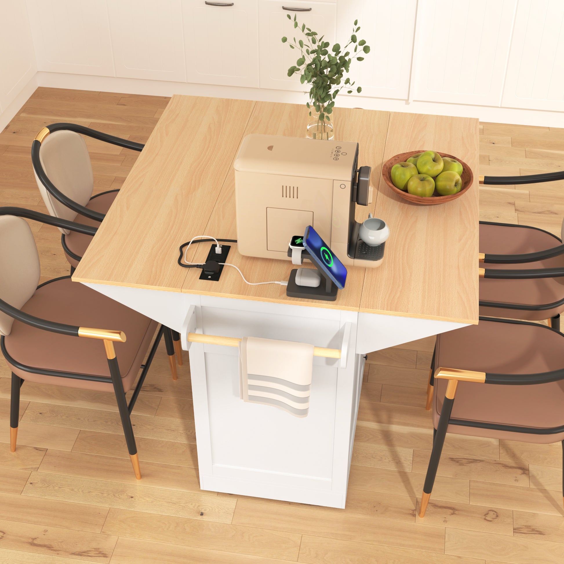 Top view of the white BRYNNA rolling kitchen island with expanded drop leaf tabletop, built-in power outlet, towel bar, and seating space for dining or kitchen prep use