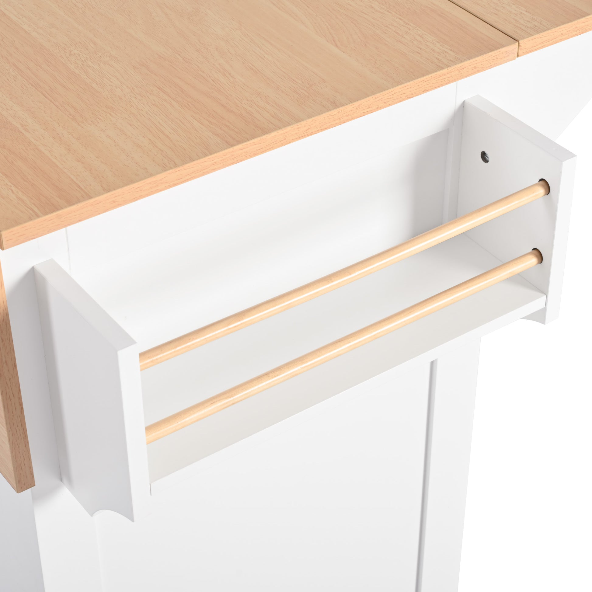 Close-up of the white BRYNNA kitchen island side spice rack with dual wooden rails and natural wood countertop detail for organized kitchen storage