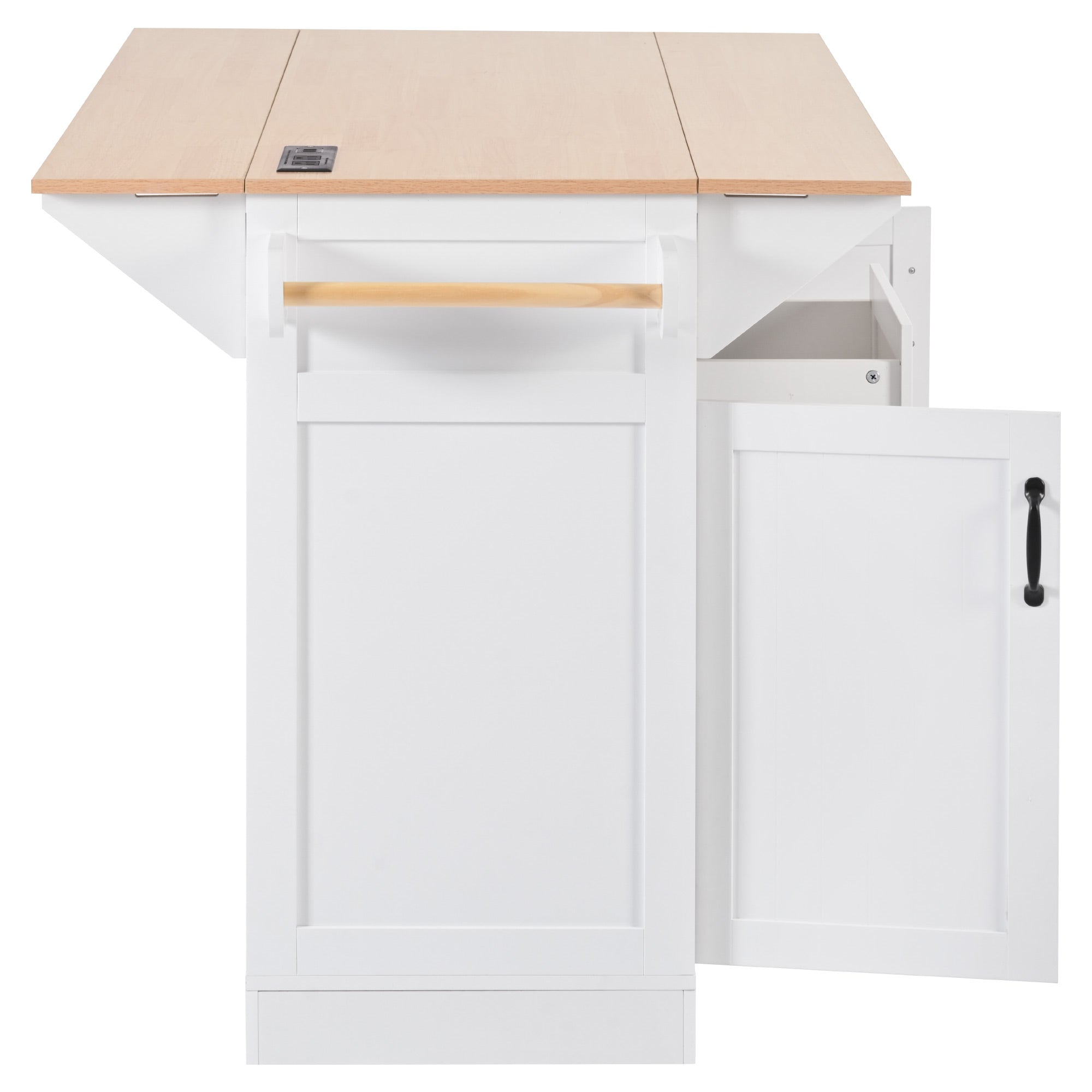 Side view of white BRYNNA rolling kitchen island featuring expandable drop leaf countertop, towel bar, side cabinet storage, and built-in power outlet for multifunctional kitchen use