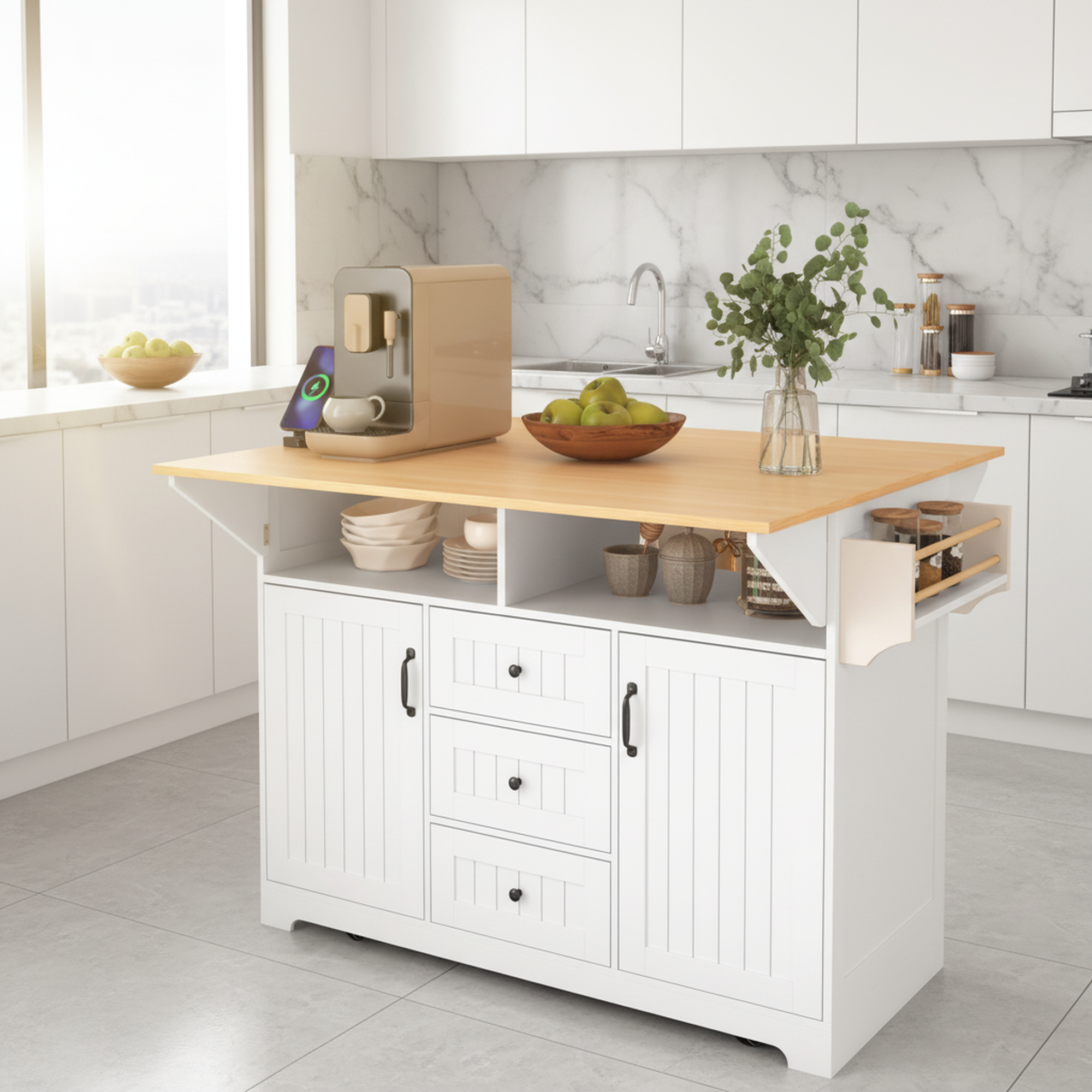 Lifestyle view of the white BRYNNA rolling kitchen island with extended drop leaf countertop, farmhouse storage cabinets, drawers, spice rack, and open shelving in a modern kitchen setting