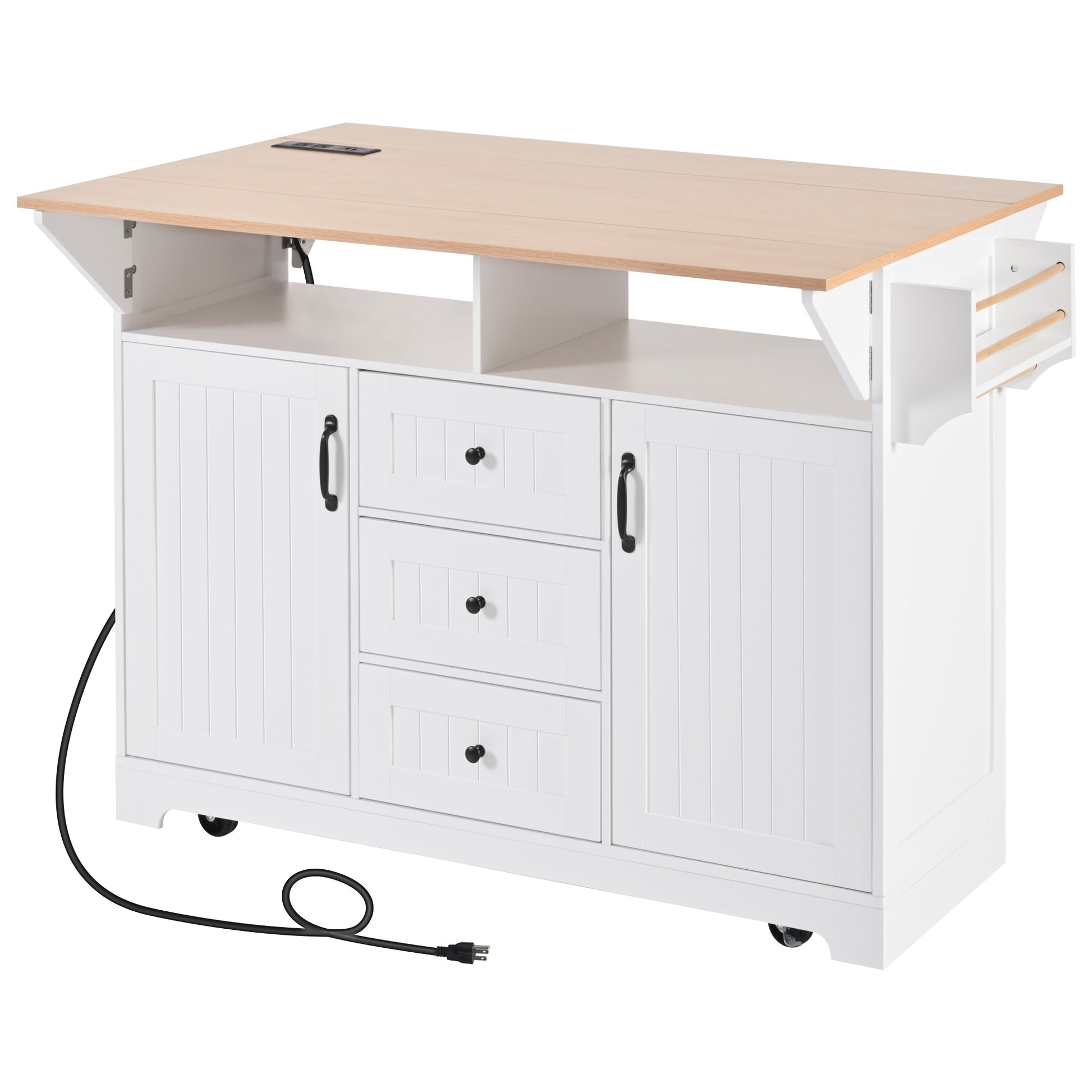 White BRYNNA rolling kitchen island with expandable drop leaf tabletop, built-in power outlet, drawers, cabinet storage, towel rack, and mobile caster wheels for modern kitchens