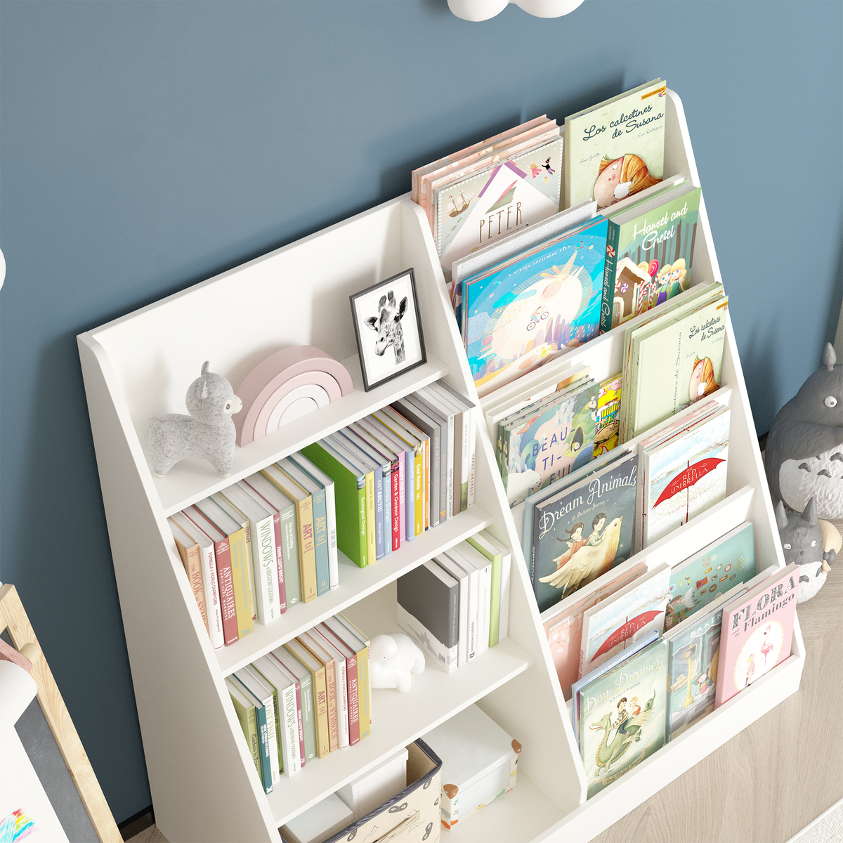 Bunny white bookshelf showing tiered display shelves and storage compartments detail