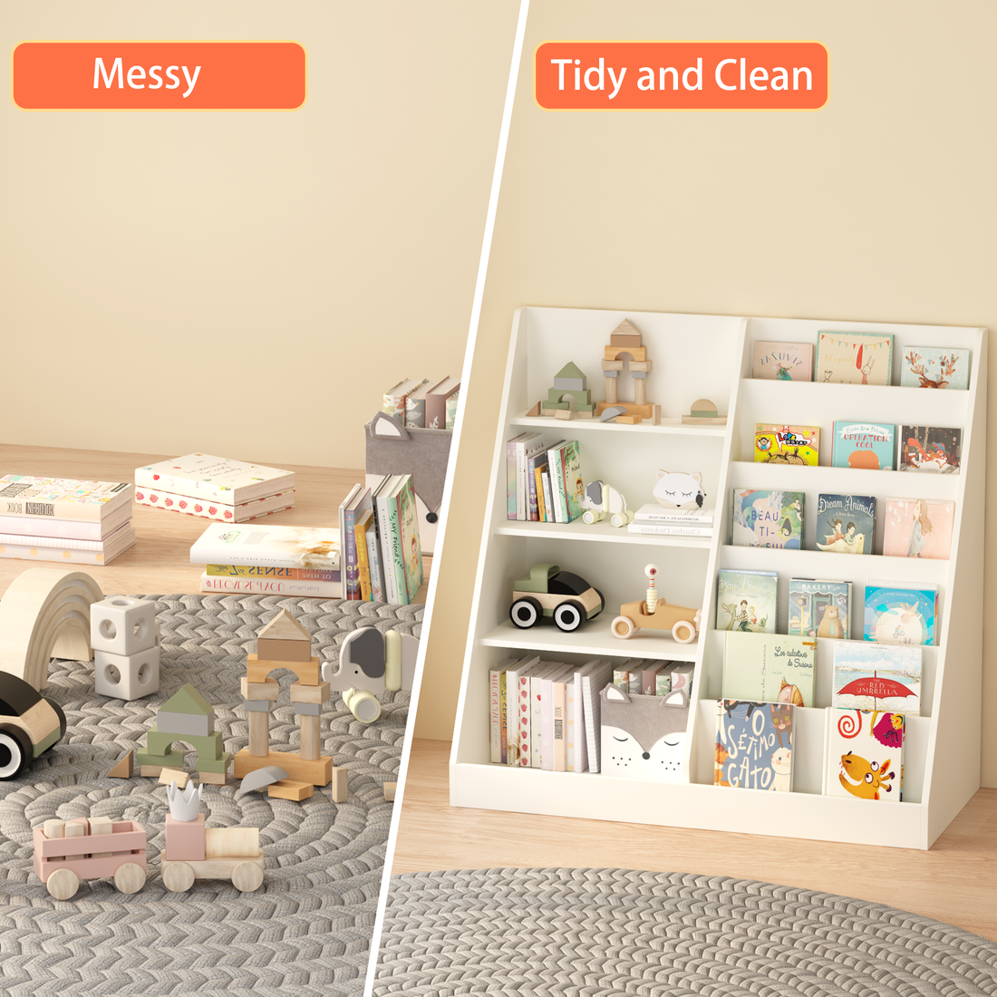 Bunny white bookshelf showing organized storage for books, toys and accessories detail