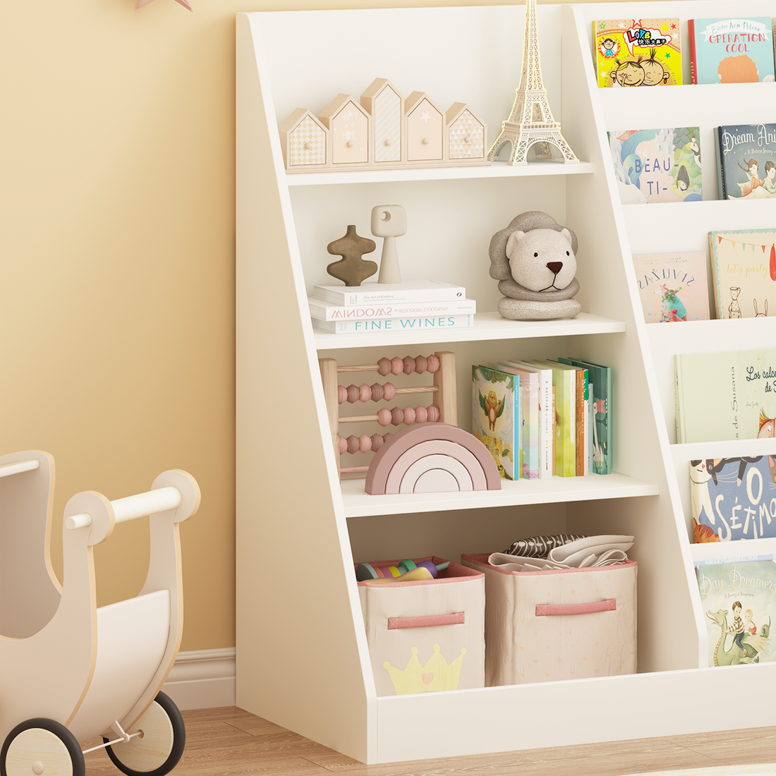 Bunny white bookshelf showing front display shelves and open cubby storage detail
