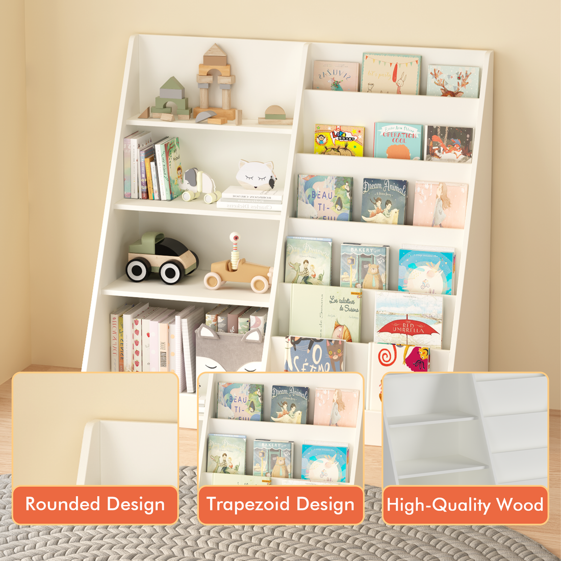 Bunny white bookshelf showing rounded edges, trapezoid frame and wood construction detail