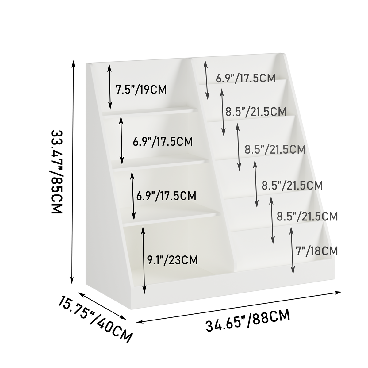 Bunny white bookshelf showing product dimensions