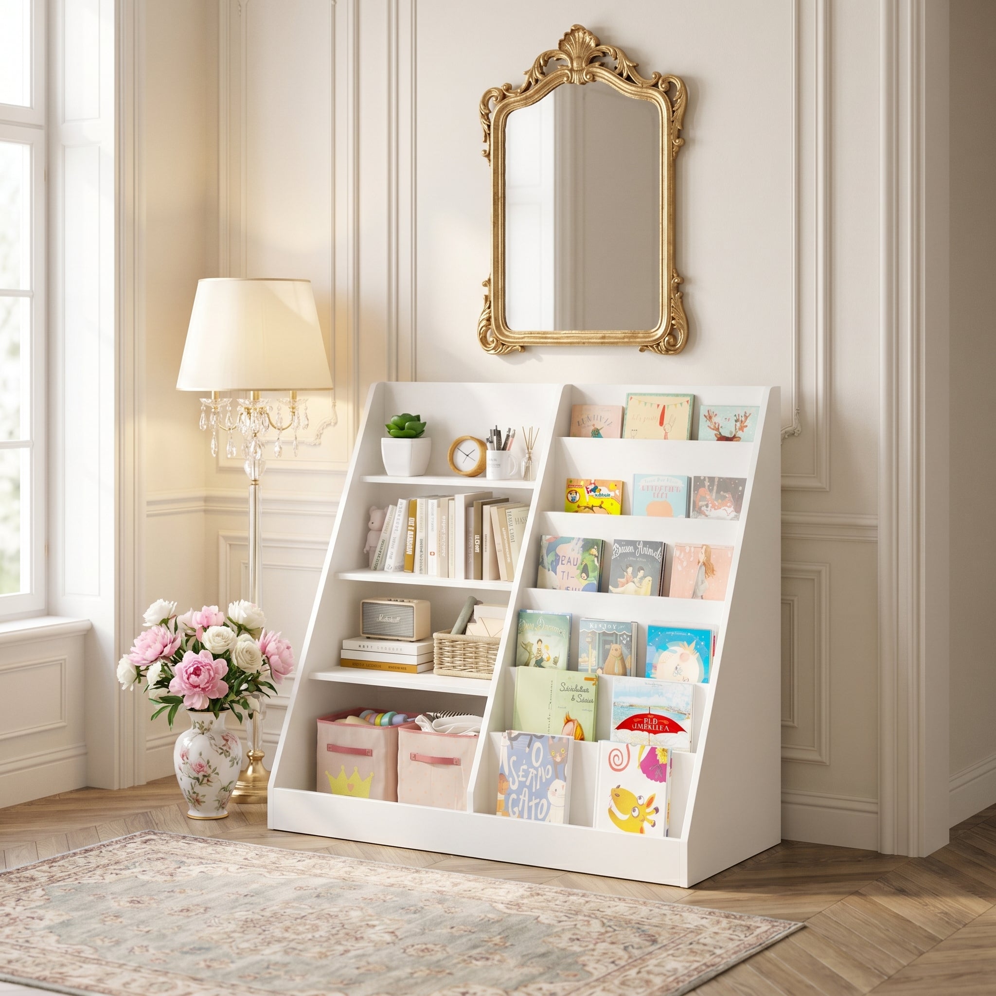 Bunny white bookshelf showing a low display shelf in an elegant kids room