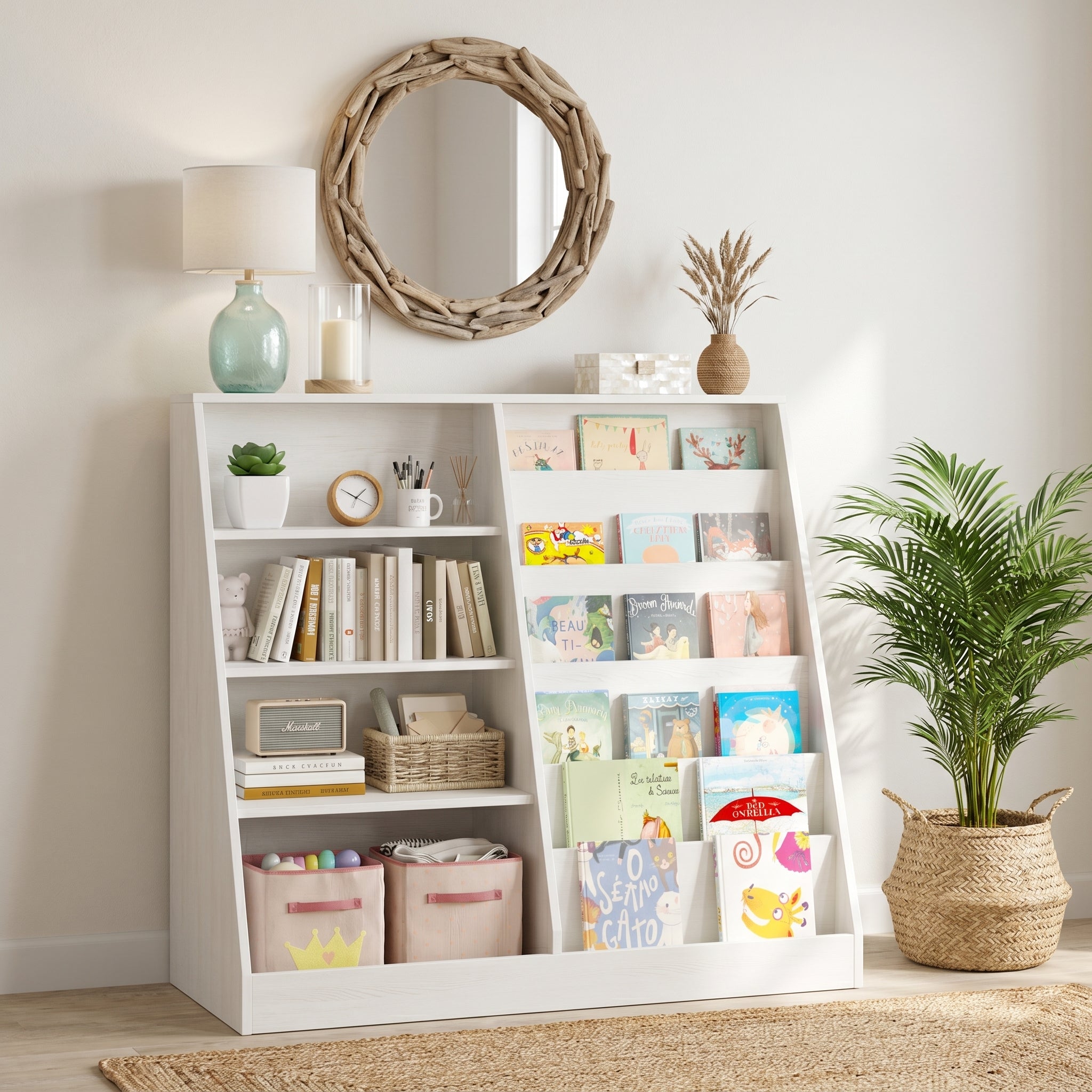 Bunny white bookshelf showing a styled reading corner with books and toys