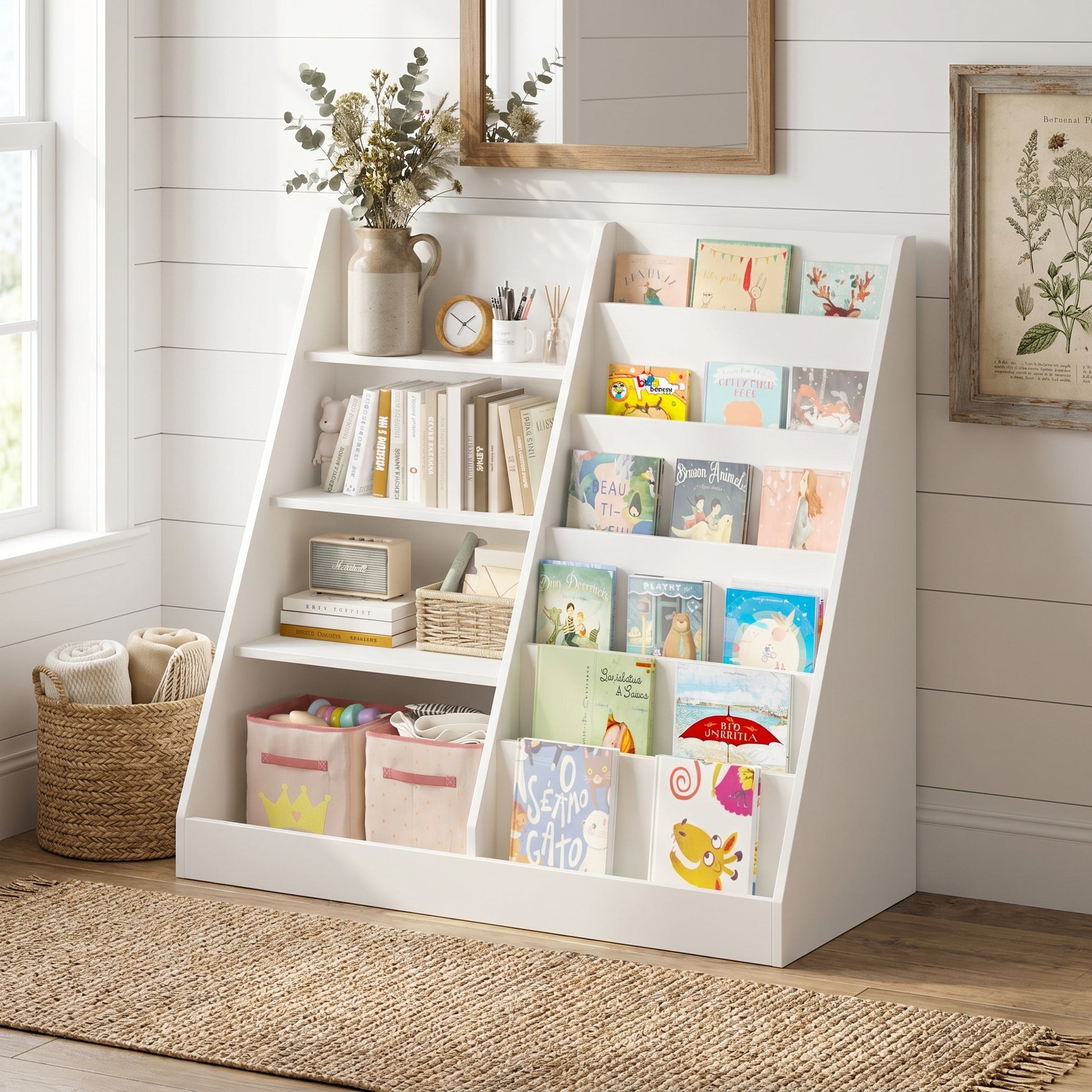 Bunny white bookshelf showing front-facing book display in a bright room