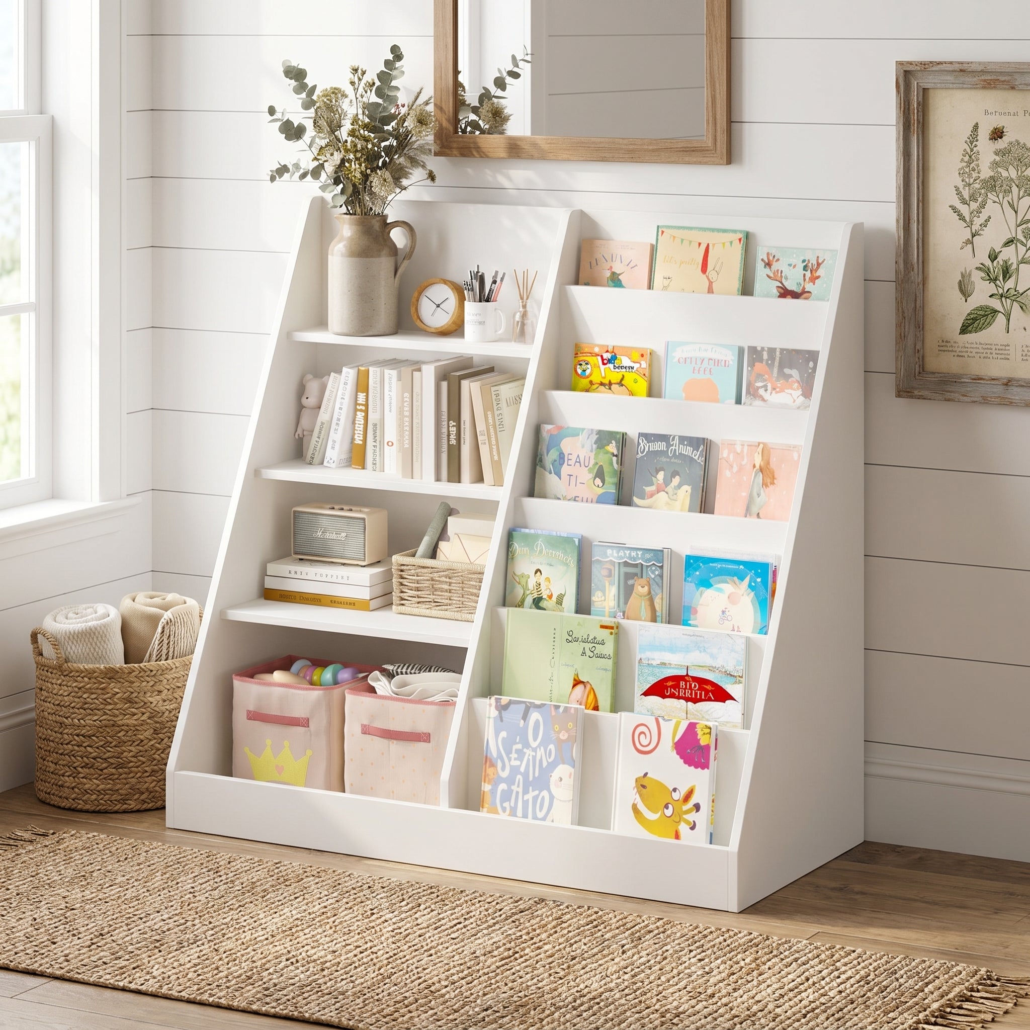Bunny white bookshelf showing front-facing book display in a bright room