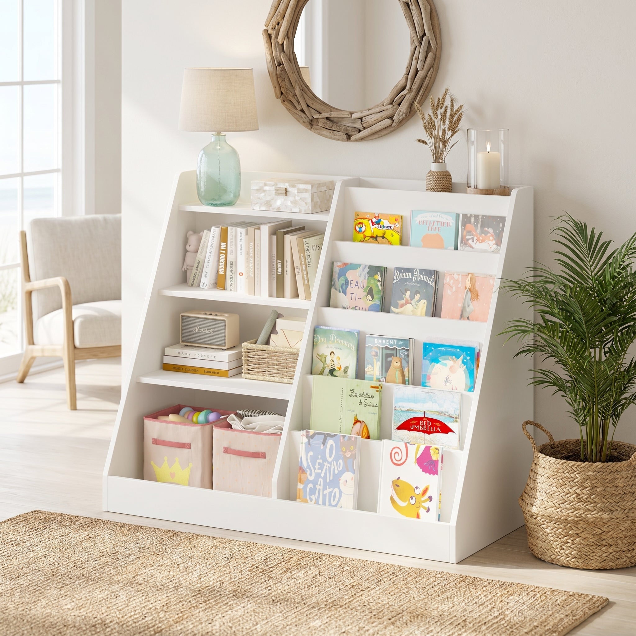 Bunny white bookshelf showing a cozy children’s room setup with open storage