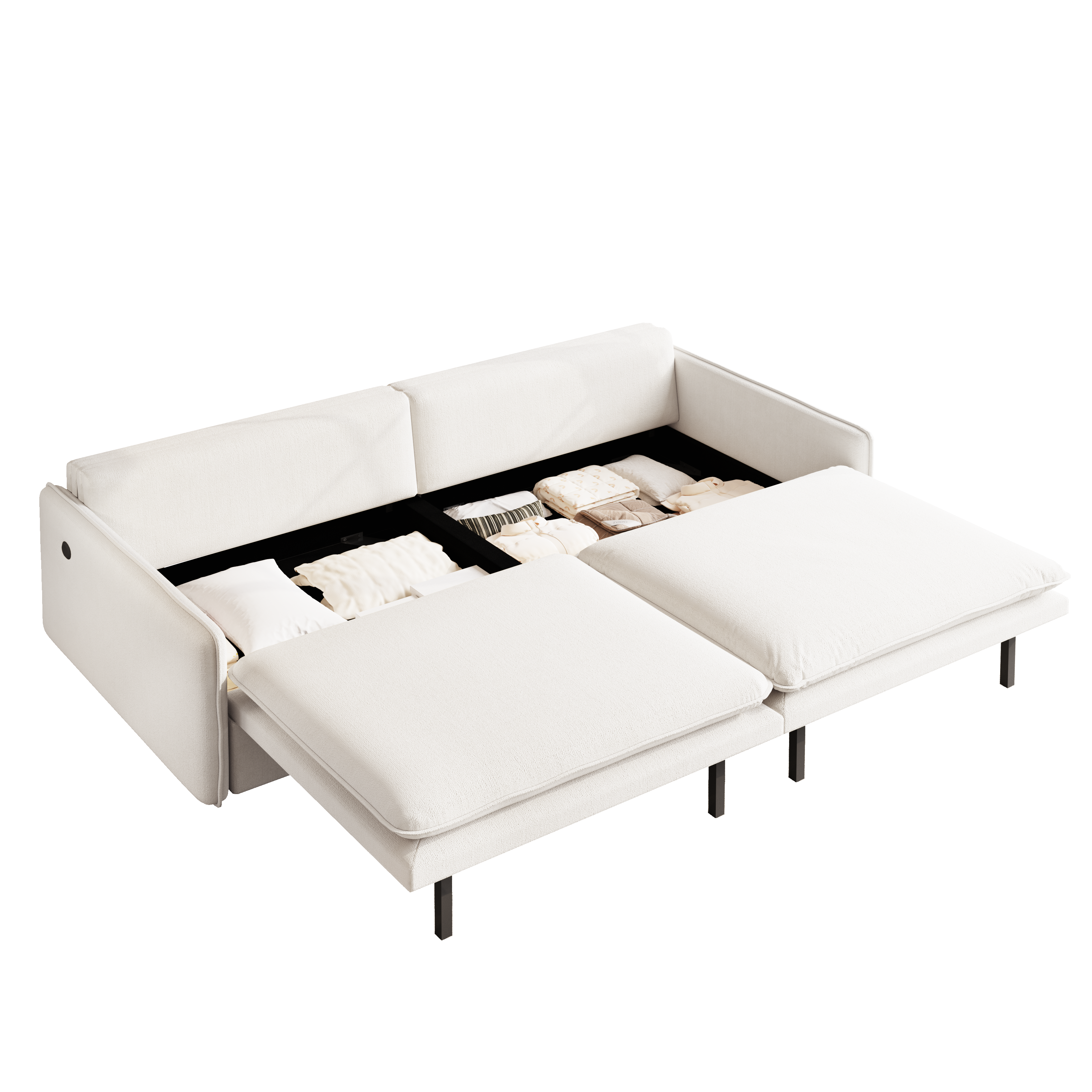 Burbank beige white sleeper sofa showing hidden storage under seat cushions