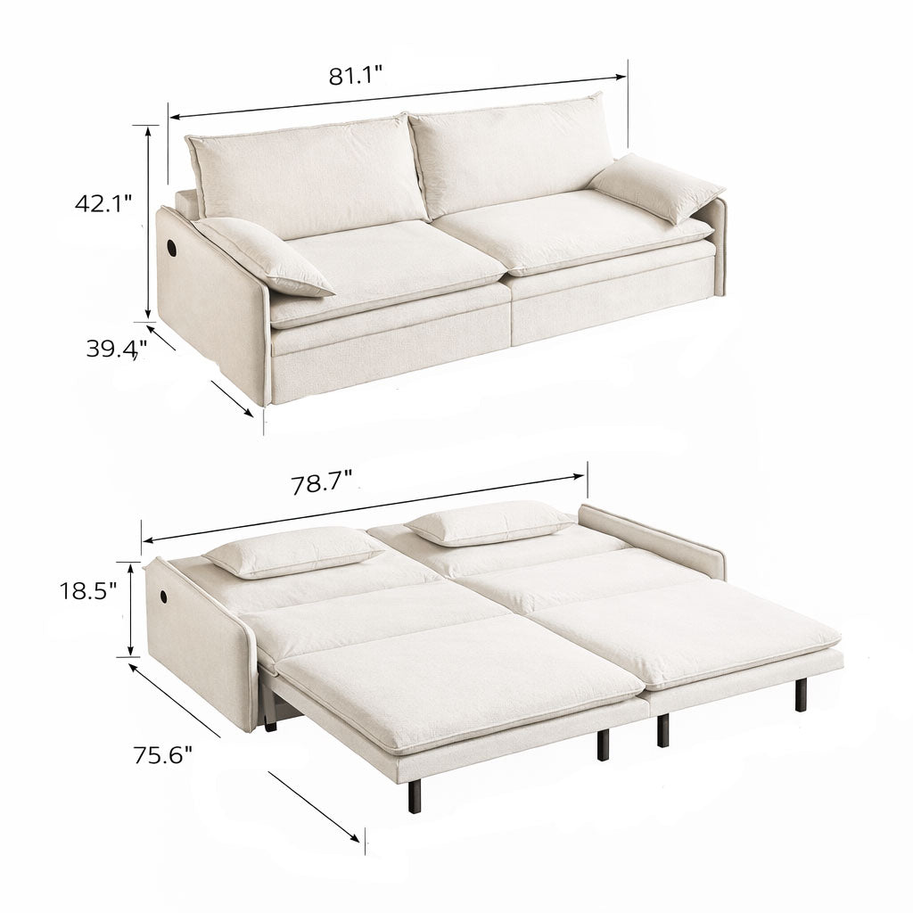 Burbank beige white sleeper sofa showing overall sofa and sleeper bed dimensions