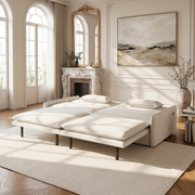 Burbank beige white sleeper sofa showing pull out bed setup in elegant living room
