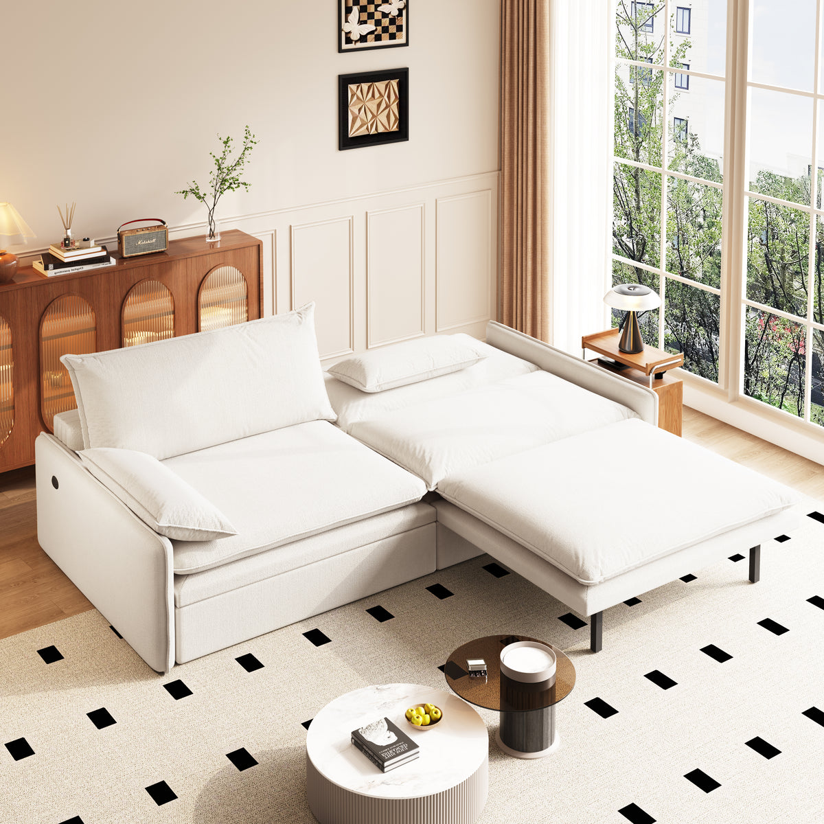 Burbank beige white sleeper sofa showing convertible bed function in apartment scene