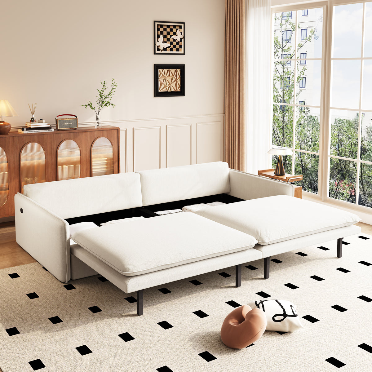 Burbank beige white sleeper sofa showing extended pull out sleeper configuration