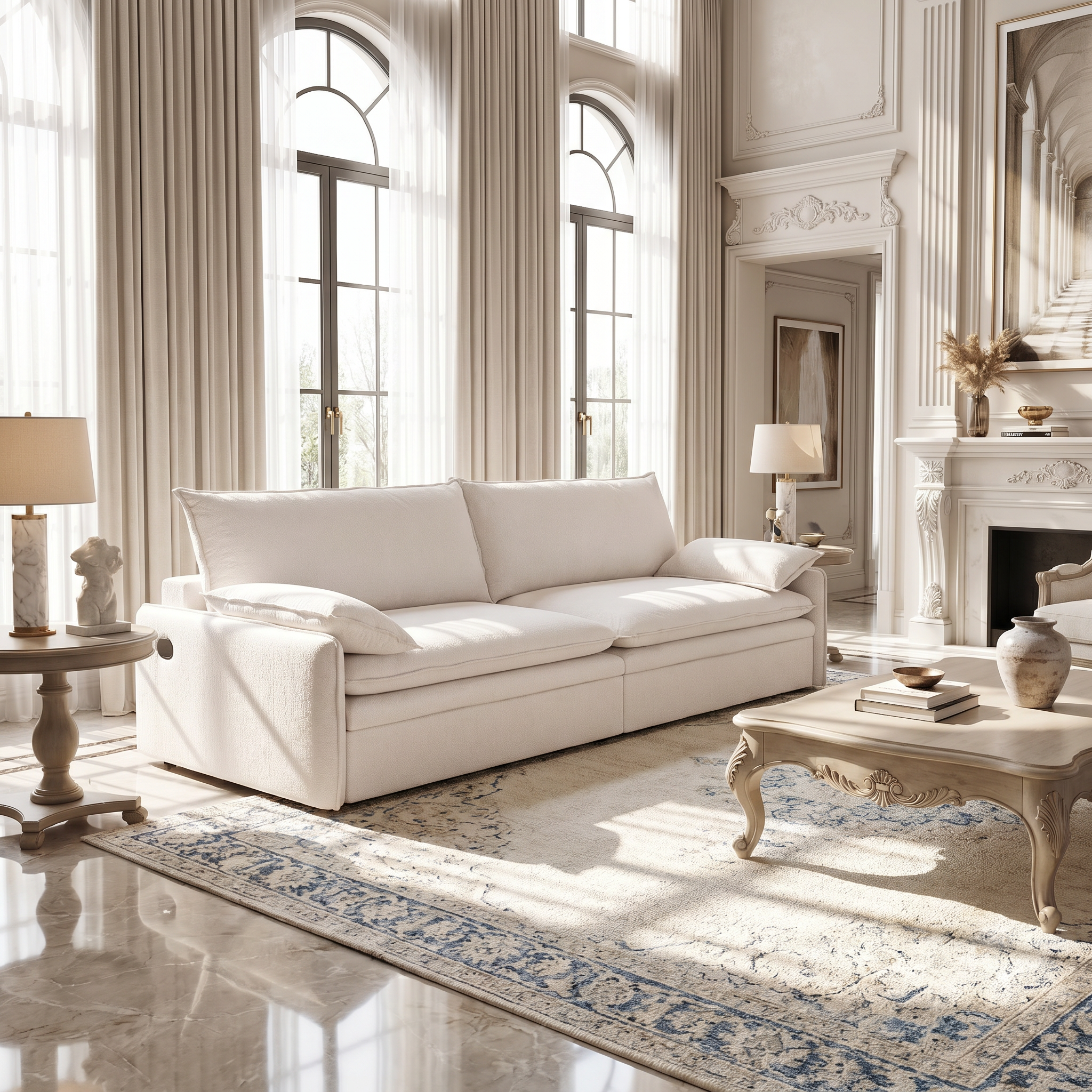  Burbank beige white sleeper sofa showing modern cloud sofa setup in living room