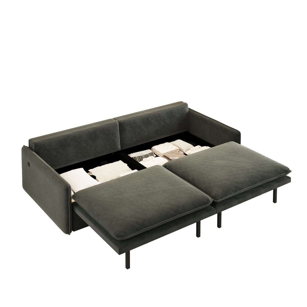 Burbank dark gray sleeper sofa showing hidden storage compartments under cushions