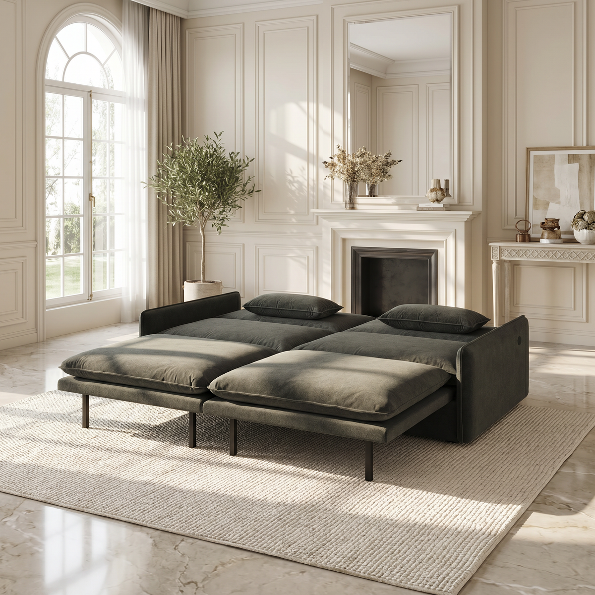 Burbank dark gray sleeper sofa showing full pull out bed setup in luxury living room
