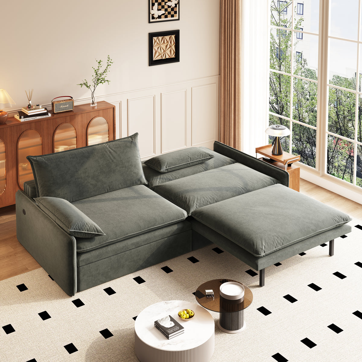 Burbank dark gray sleeper sofa showing convertible sleeper function in apartment scene