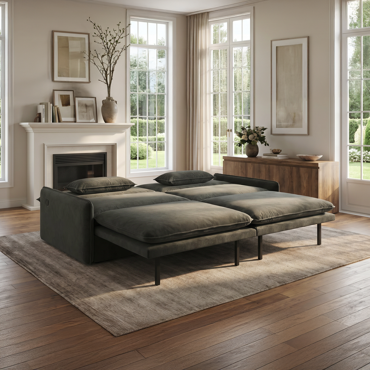 Burbank dark gray sleeper sofa showing extended bed configuration in modern living room