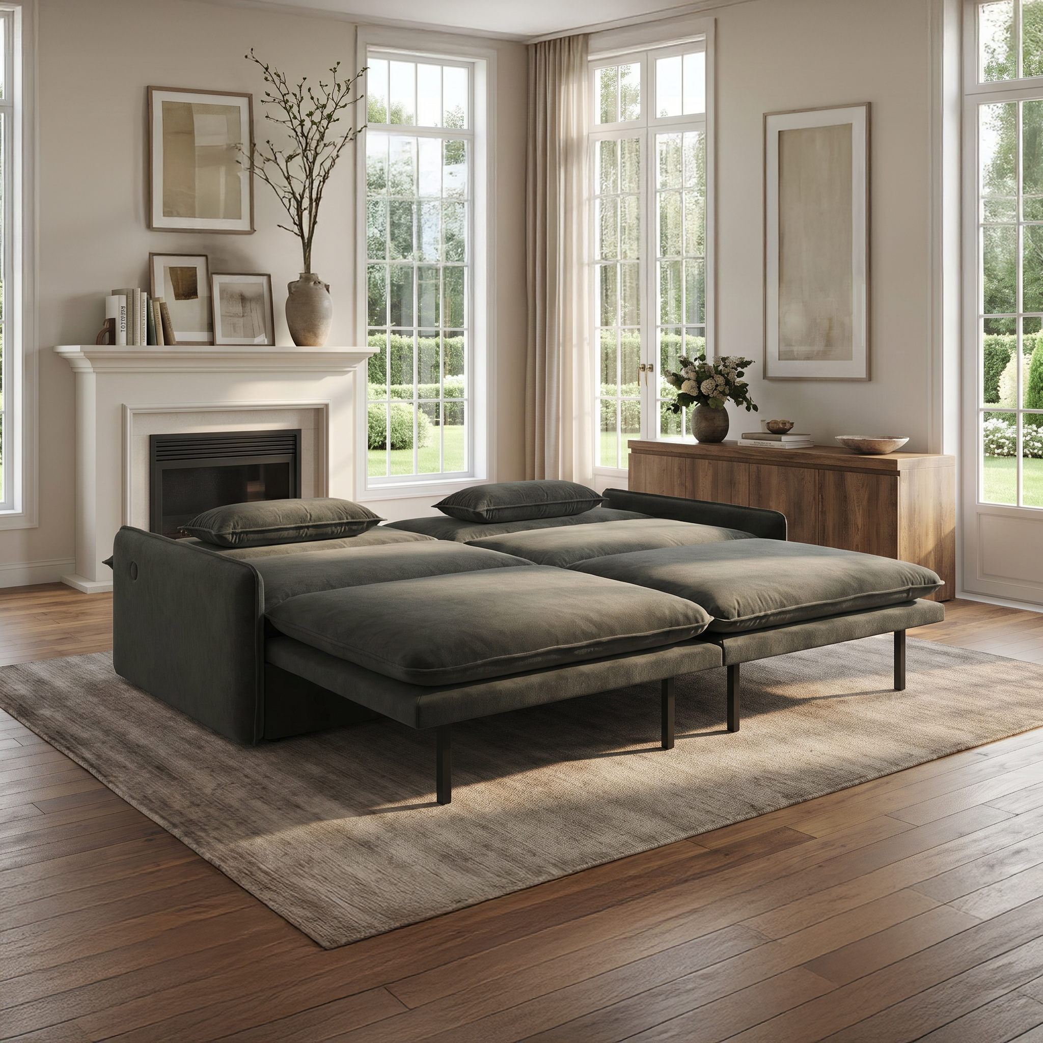 Burbank dark gray sleeper sofa showing extended bed configuration in modern living room
