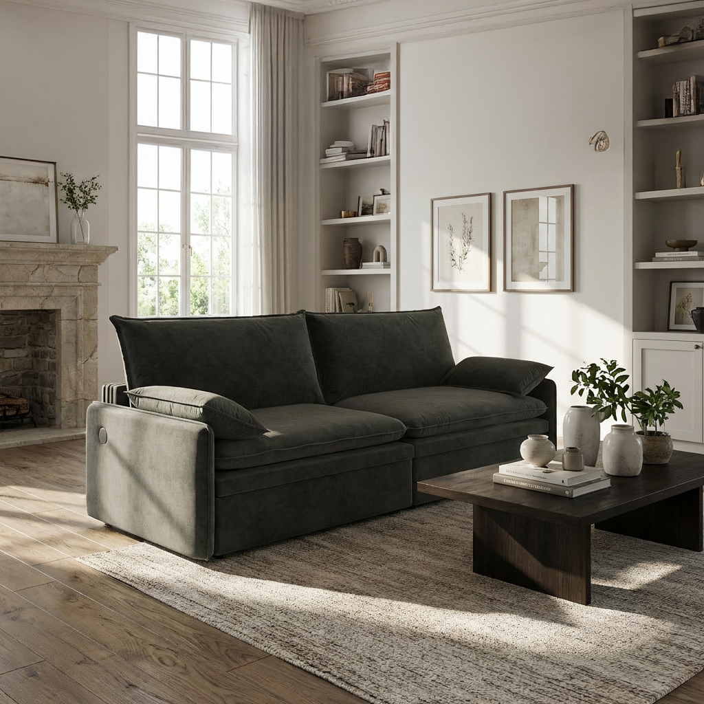 Burbank dark gray sleeper sofa showing sofa mode with deep seat cushions