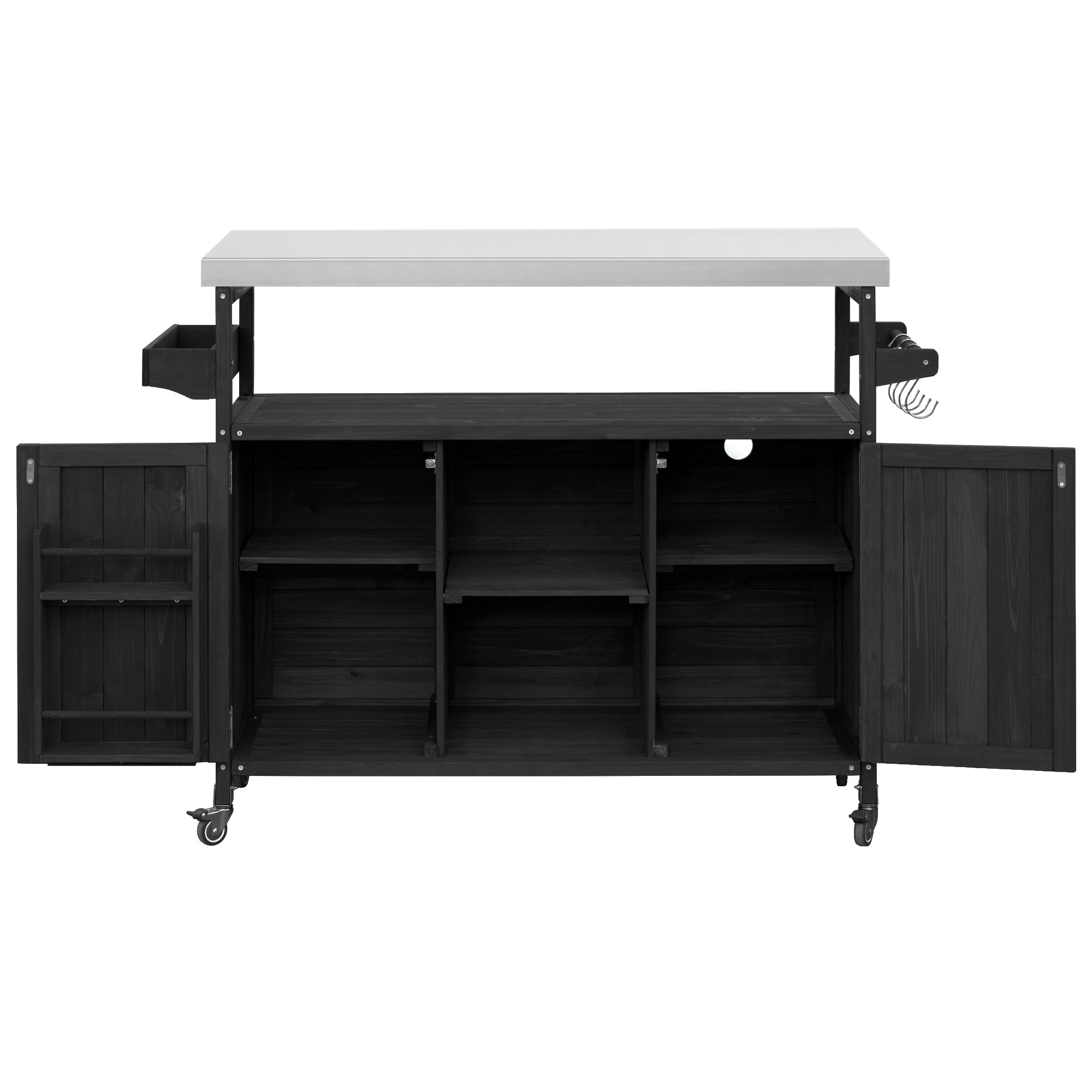 Calais black outdoor kitchen island showing open cabinet storage and adjustable shelves