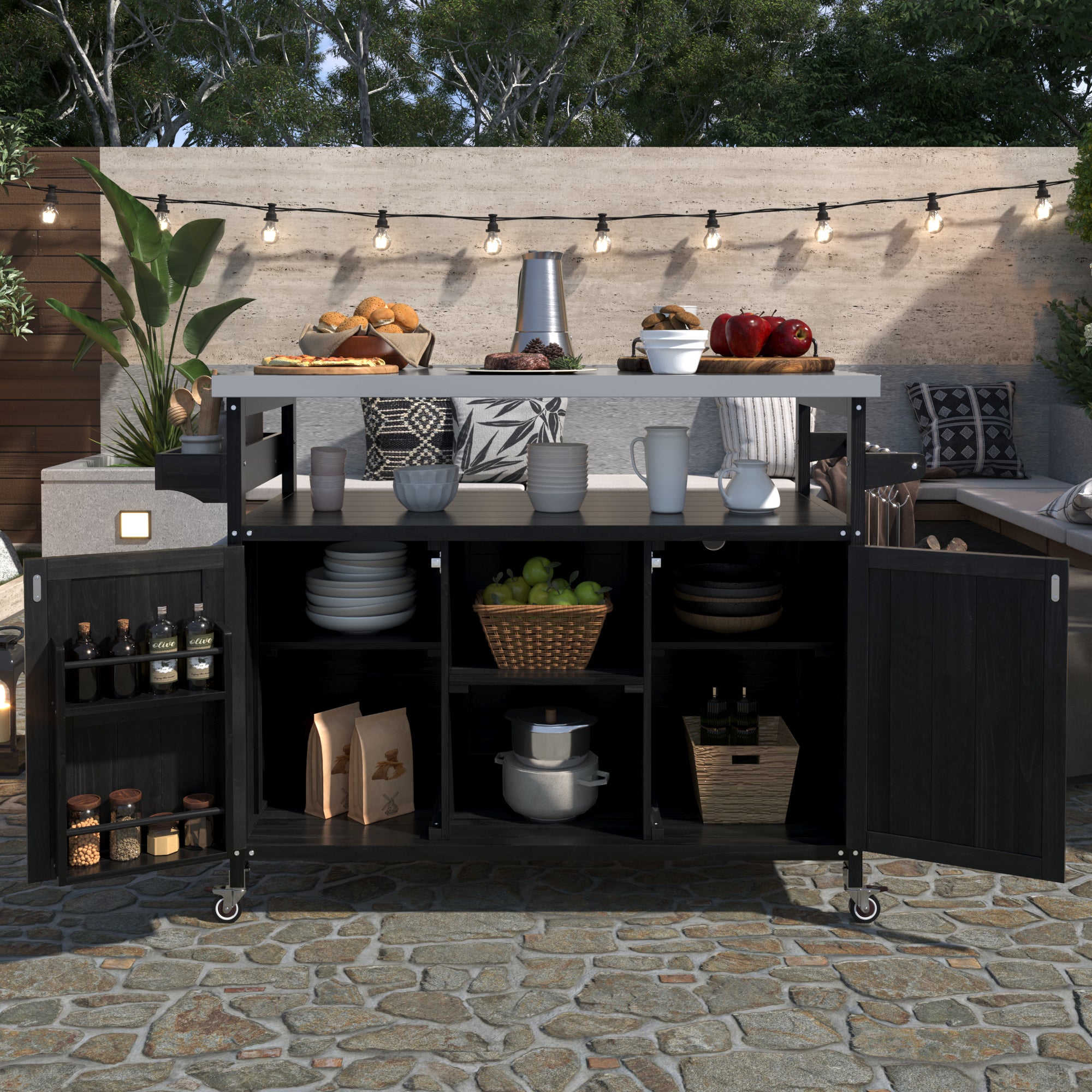 Calais black outdoor kitchen island showing open cabinet storage and side shelves