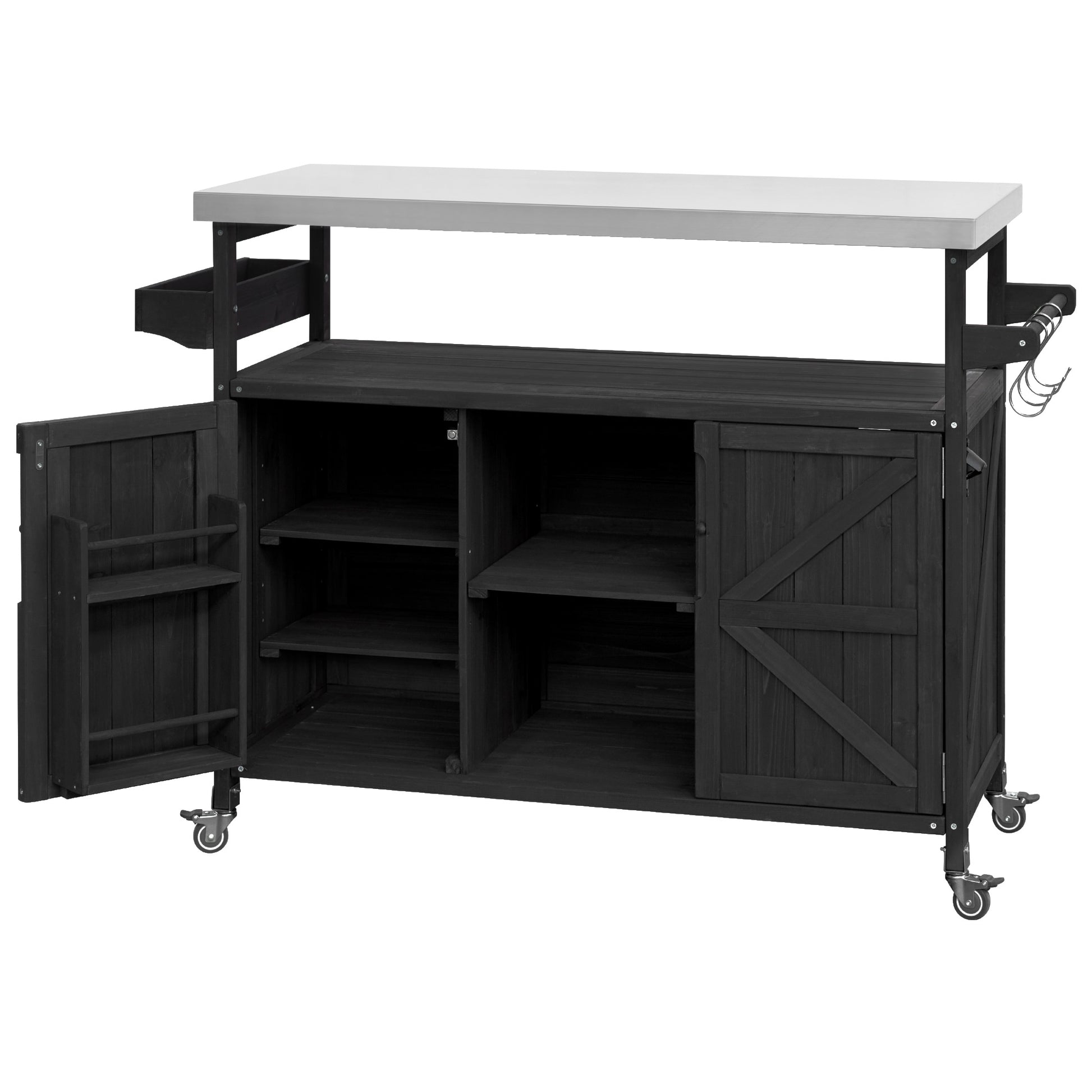 Calais black outdoor kitchen island showing open cabinet shelves and side storage