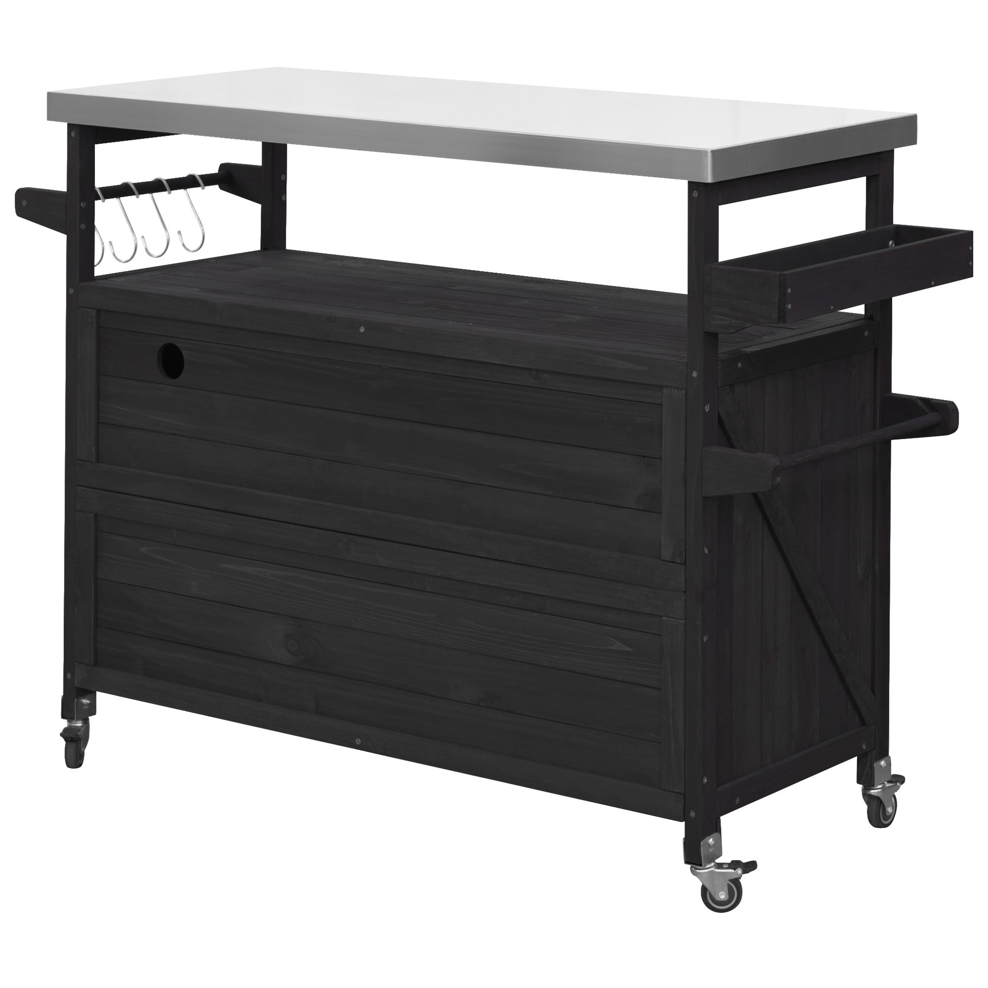 Calais black outdoor kitchen island showing back view with hooks drawer and wheels
