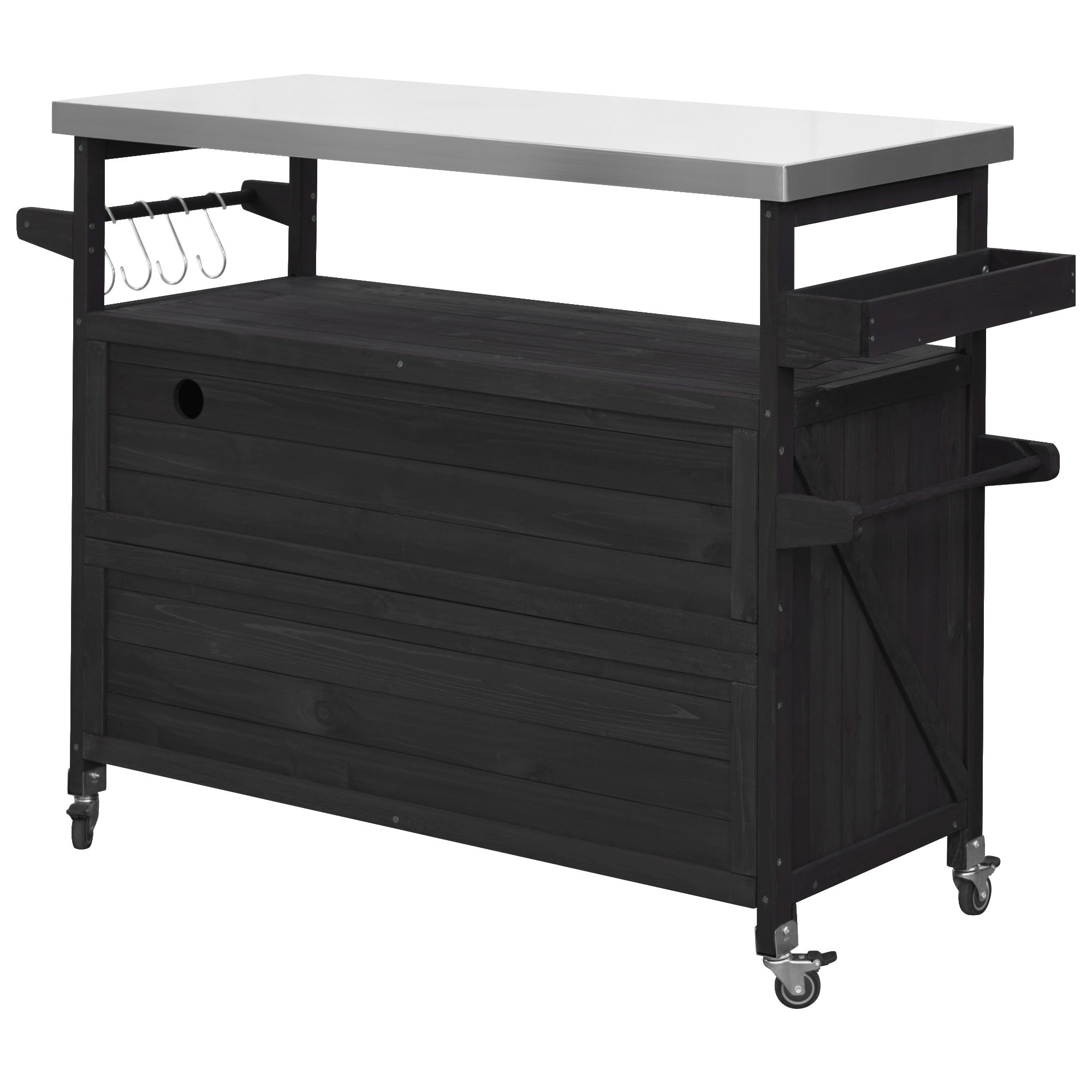 Calais black outdoor kitchen island showing back view with hooks drawer and wheels