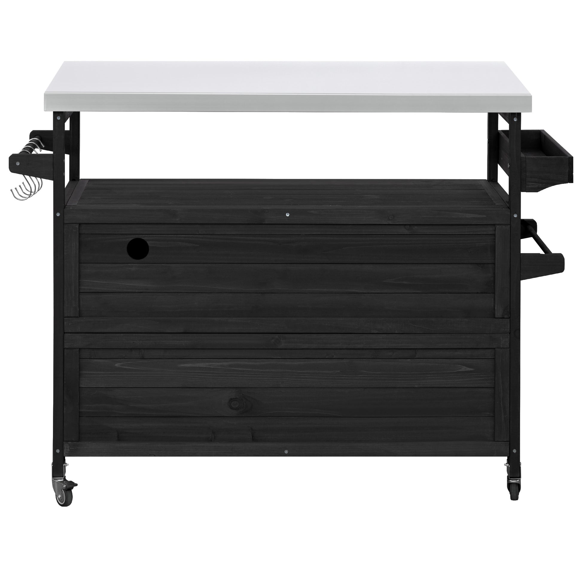 Calais black outdoor kitchen island showing back panel with hooks drawer and wheels
