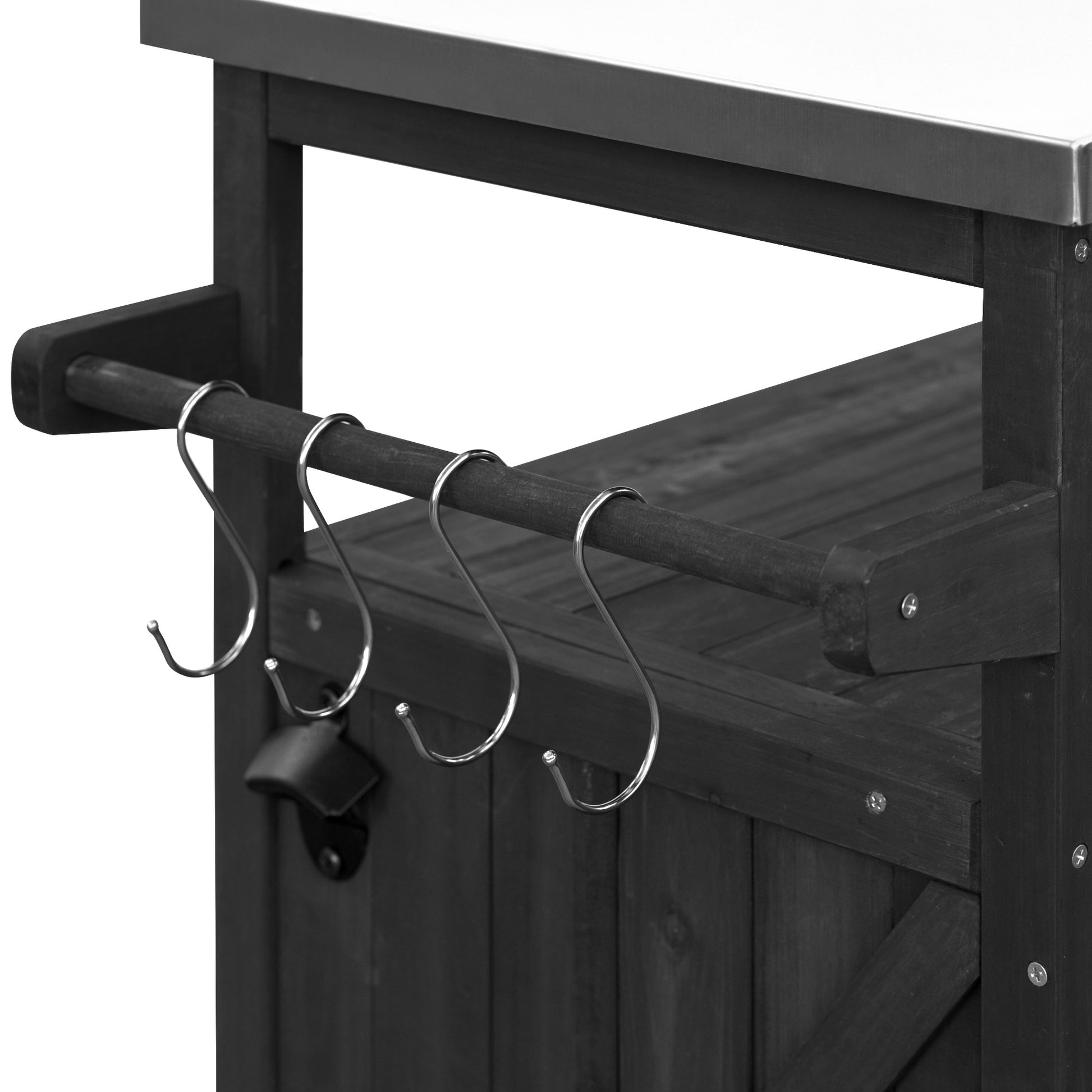 Calais black outdoor kitchen island showing side hooks and hanging rail detail